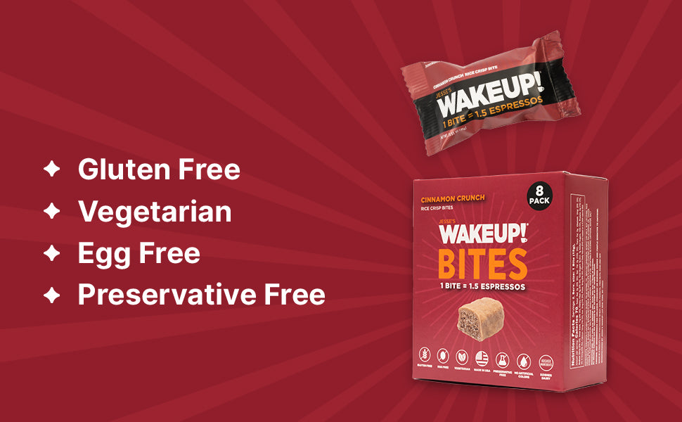 WAKE UP! Caffeinated Cinnamon Crunch Protein Bites - Gluten Free, Vegetarian, 175mg Caffeine (1 Bite = 1.5 Espressos) - Boosts Focus and Clarity - Kosher Ingredients - 8 Pack