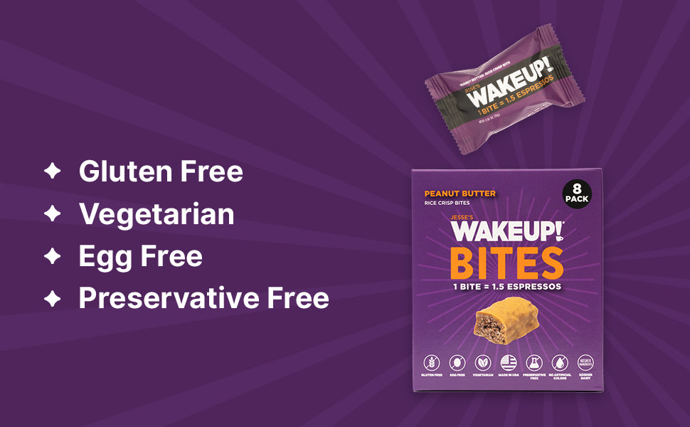 WAKE UP! Caffeinated Peanut Butter Protein Bites - Gluten Free, Vegetarian, 175mg Caffeine (1 Bite = 1.5 Espressos) - Boosts Focus and Clarity - Kosher Ingredients - 8 Pack