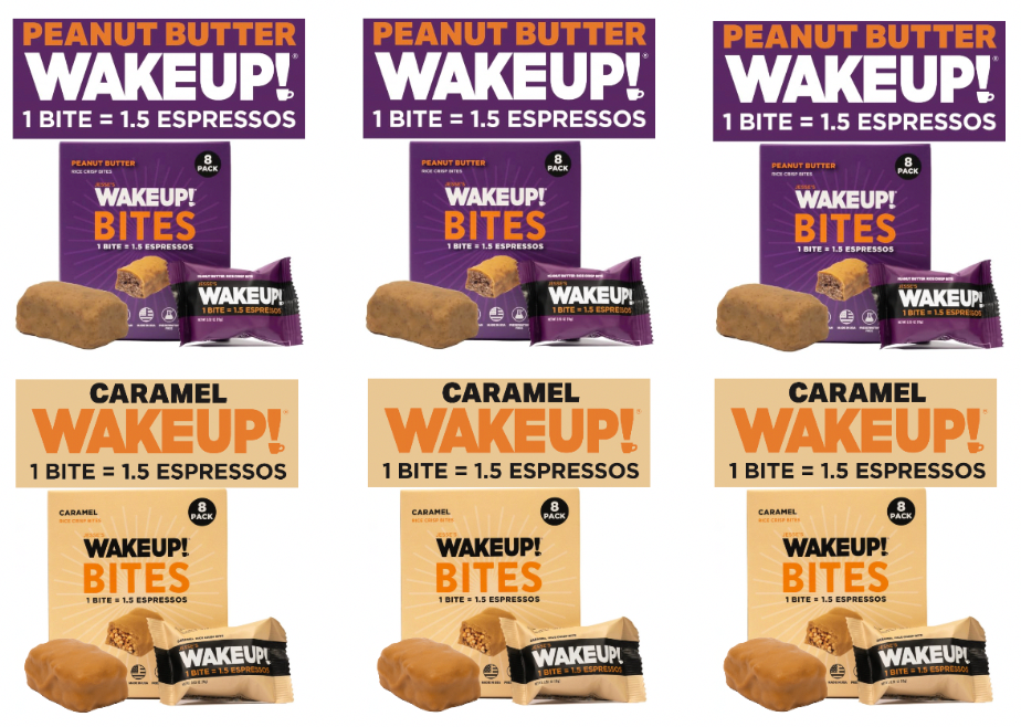 WAKE UP! Caffeinated Protein Bites Value Pack – 6 Cartons (48 Bites) – 3 Caramel & 3 Peanut Butter – 175mg Caffeine (1 Bite = 1.5 Espressos) – Gluten-Free, Vegetarian, Kosher – Boosts Focus & Clarity