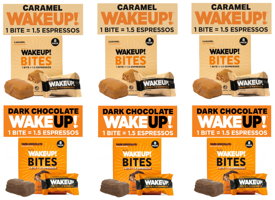 WAKE UP! Caffeinated Protein Bites Value Pack – 6 Cartons (48 Bites) – 3 Caramel & 3 Dark Chocolate – 175mg Caffeine (1 Bite = 1.5 Espressos) – Gluten-Free, Vegetarian