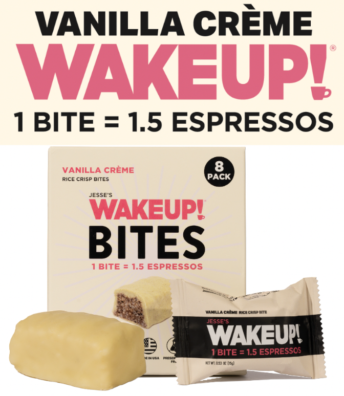 WAKE UP! Caffeinated Vanilla Creme Protein Bites - Gluten Free, Vegetarian, 175mg Caffeine (1 Bite = 1.5 Espressos) - Boosts Focus and Clarity - Kosher Ingredients - 8 Pack