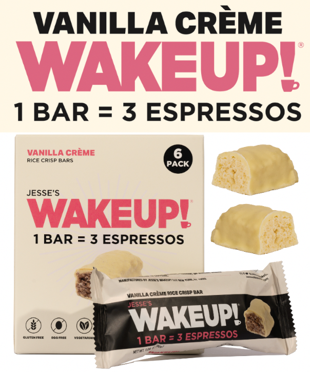 WAKE UP! Caffeinated Vanilla Creme Protein Bars - Gluten Free, Vegetarian, 350mg Caffeine (1 Bar = 3 Espressos) - Boosts Focus and Clarity - Kosher Ingredients - 6 Pack