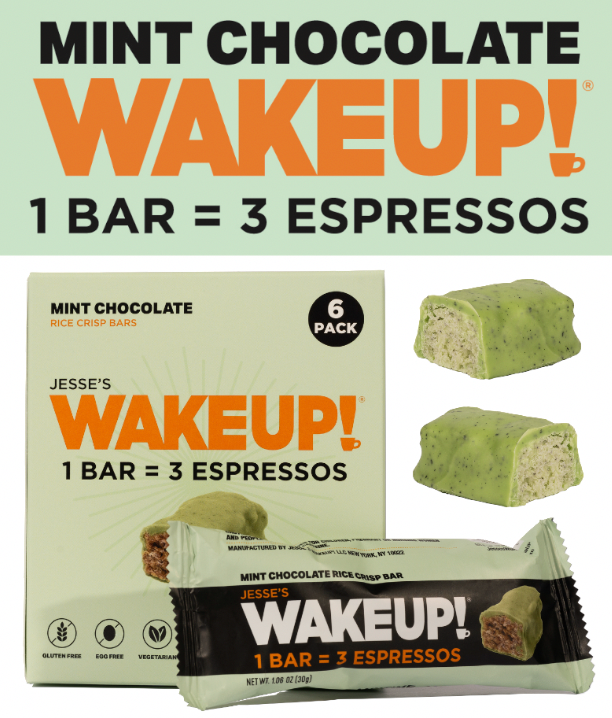 WAKE UP! Caffeinated Mint Chocolate Protein Bars - Gluten Free, Vegetarian, 350mg Caffeine (1 Bar = 3 Espressos) - Boosts Focus and Clarity - Kosher Ingredients - 6 Pack