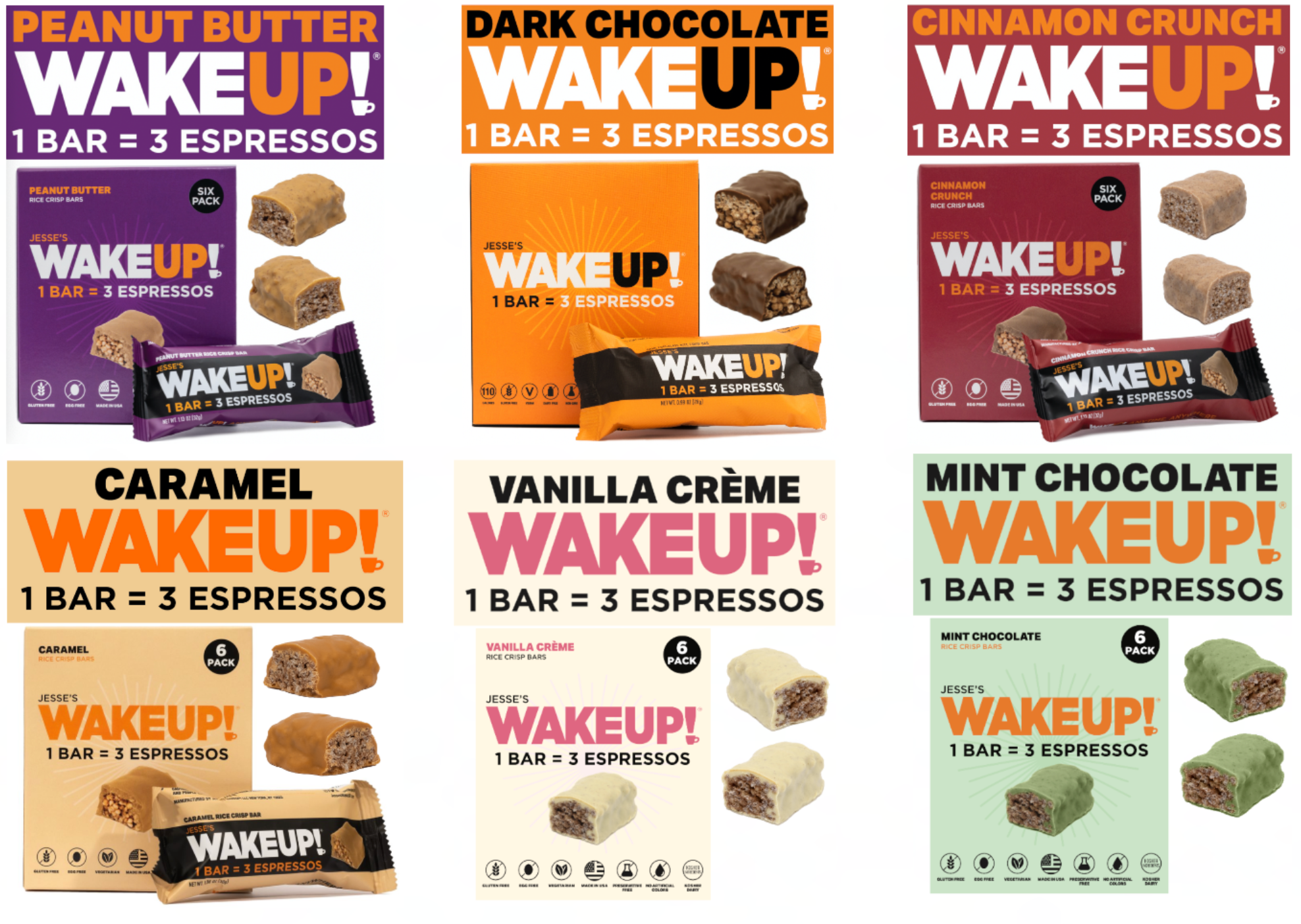 VARIETY PACK (36 Bars, 6 Cartons) WAKE UP! Caffeinated Protein Bars, All 6 Flavor - 350mg Caffeine (1 Bar = 3 Espressos)