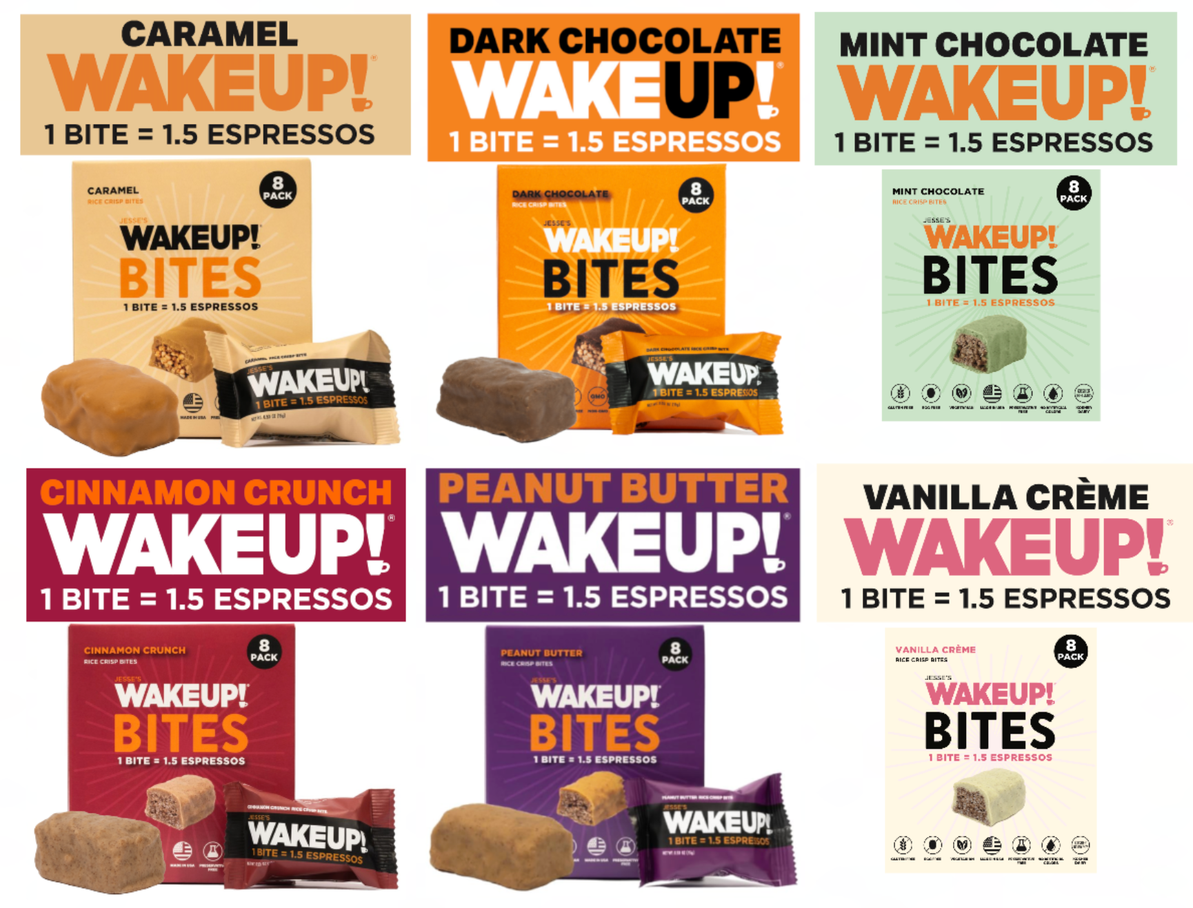 VARIETY PACK (48 Bites, 6 Cartons) WAKE UP! Caffeinated Protein Bites, All 6 Flavor - 175mg Caffeine (1 Bite = 1.5 Espressos)