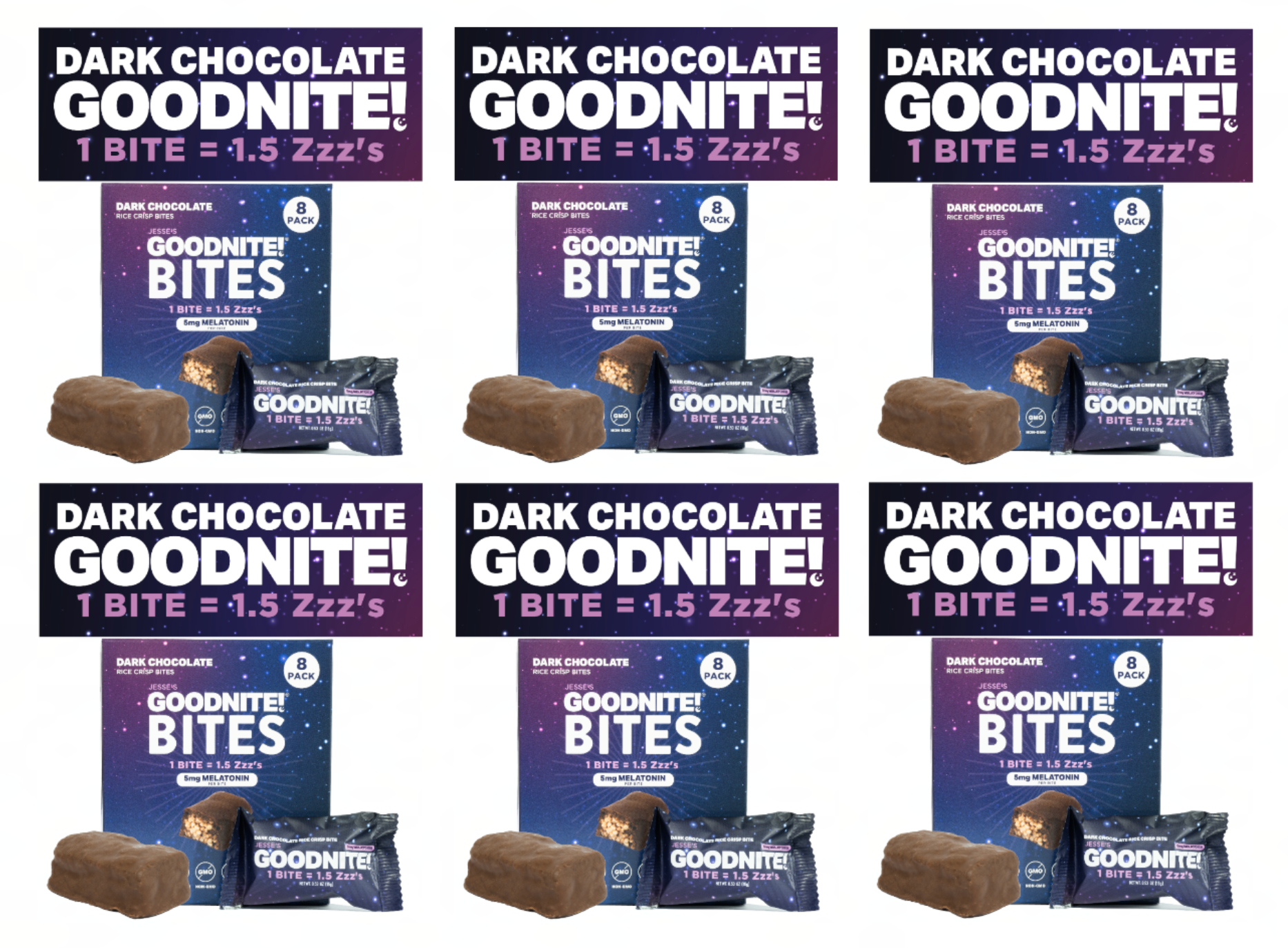 GOODNITE! Chocolate Protein Bites Value Pack – 6 Dark Chocolate Cartons (48 Bites) with 5mg Melatonin & L-Theanine, Vegan, Gluten-Free, Kosher, Dark Chocolate