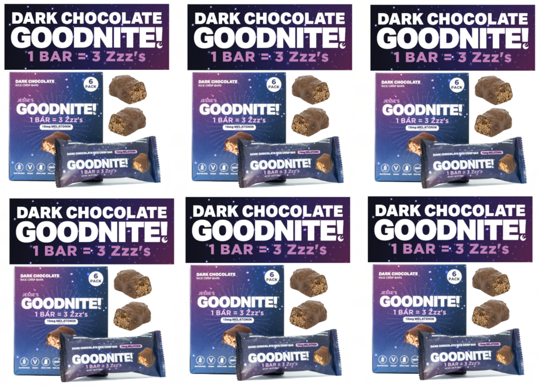 GOODNITE! Chocolate Protein Bars Value Pack – 6 Dark Chocolate Cartons (36 Bars) with 10mg Melatonin & L-Theanine, Vegan, Gluten-Free, Kosher, Dark Chocolate