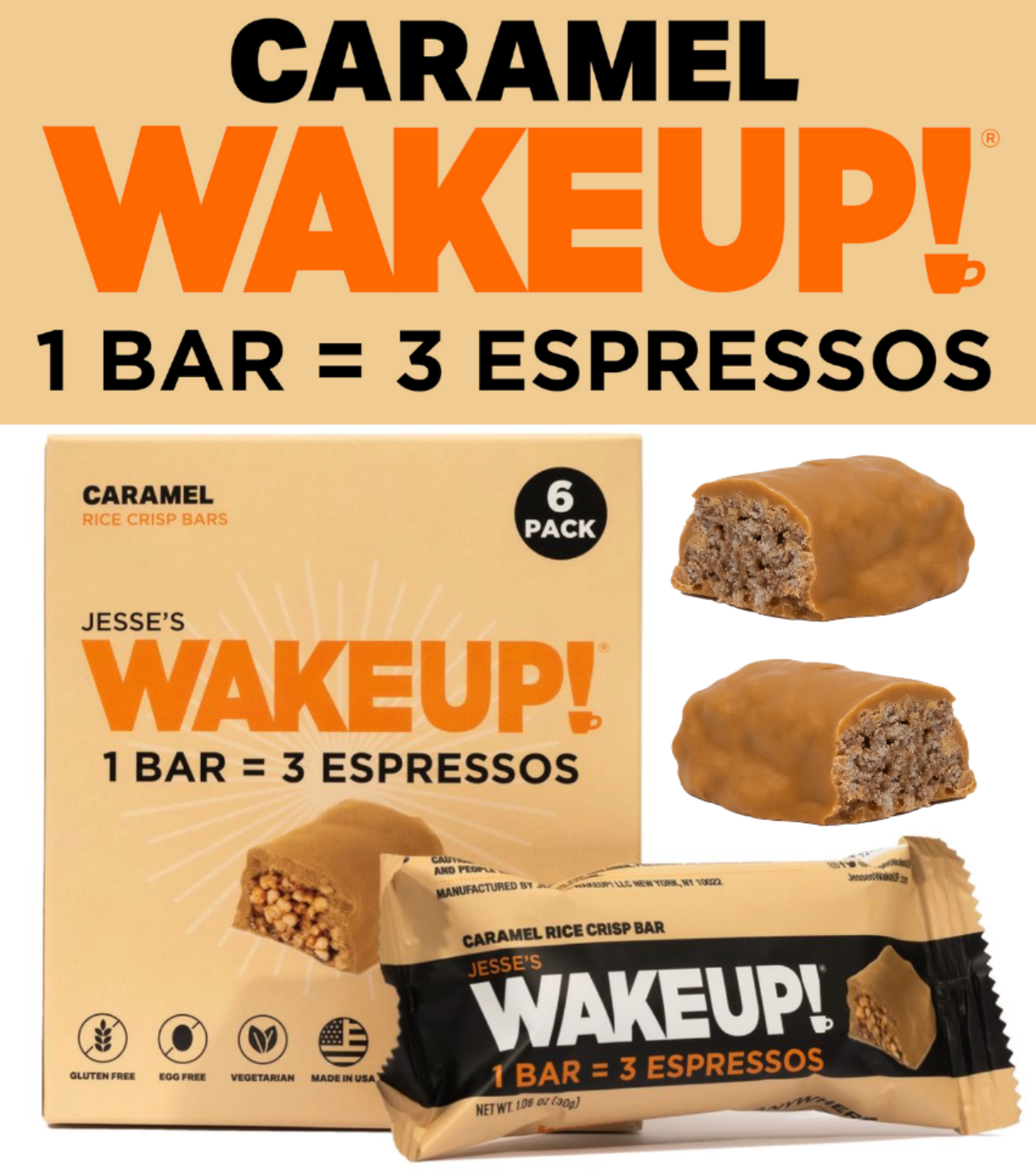 WAKE UP! Caffeinated Caramel Protein Bars - Gluten Free, Vegetarian, 350mg Caffeine (1 Bar = 3 Espressos) - Boosts Focus and Clarity - Kosher Ingredients - 6 Pack