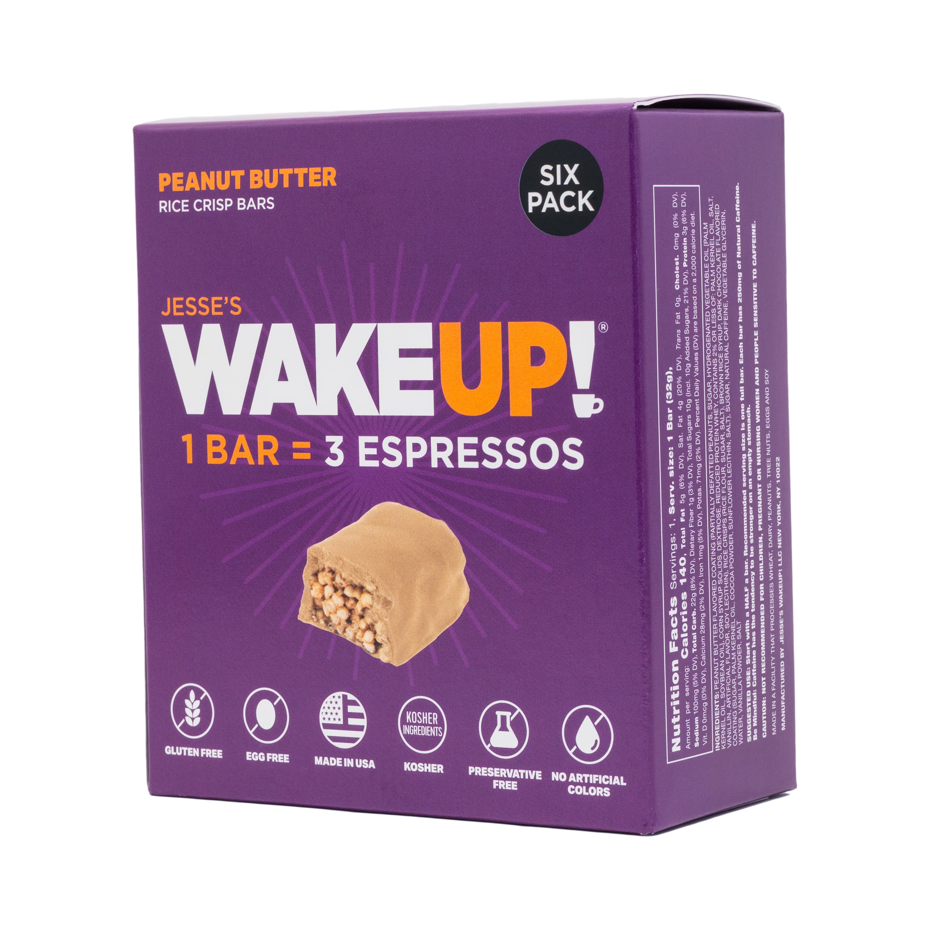 WAKE UP! Caffeinated Peanut Butter Protein Bars - Gluten Free, Vegetarian, 350mg Caffeine (1 Bar = 3 Espressos) - Boosts Focus and Clarity - Kosher Ingredients - 6 Pack