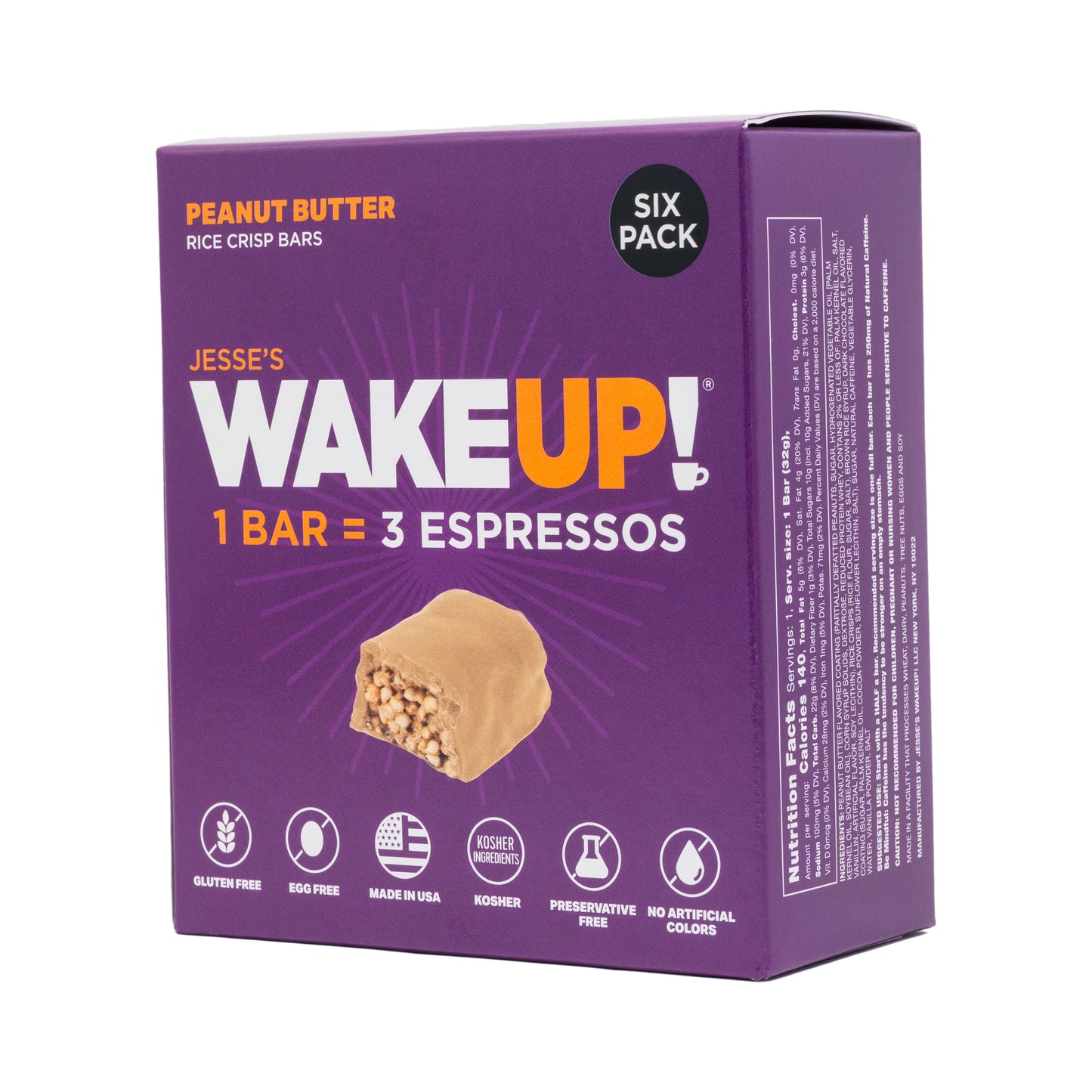 WAKE UP! Caffeinated Peanut Butter Protein Bars - Gluten Free, Vegetarian, 350mg Caffeine (1 Bar = 3 Espressos) - Boosts Focus and Clarity - Kosher Ingredients - 6 Pack