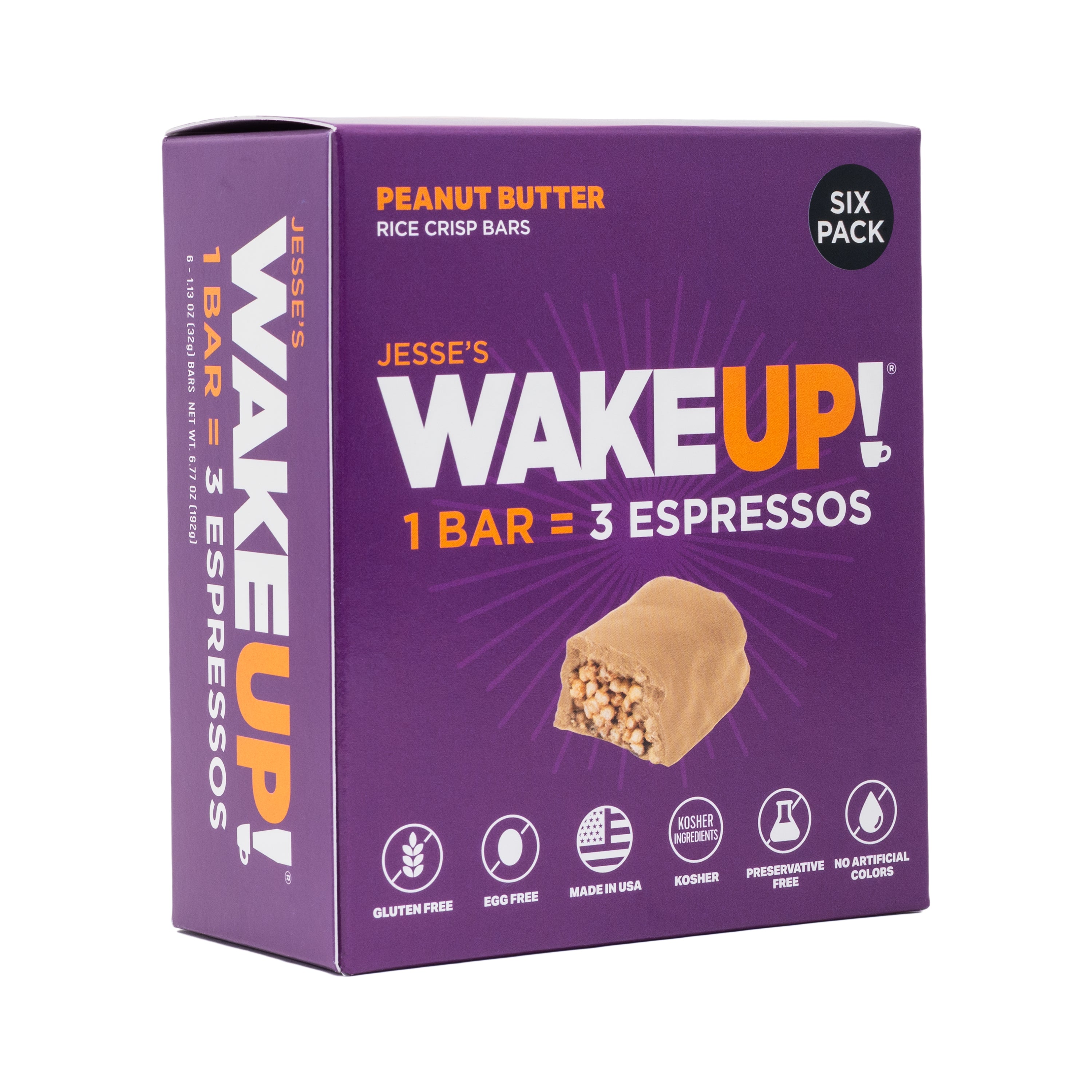 WAKE UP! Caffeinated Peanut Butter Protein Bars - Gluten Free, Vegetarian, 350mg Caffeine (1 Bar = 3 Espressos) - Boosts Focus and Clarity - Kosher Ingredients - 6 Pack