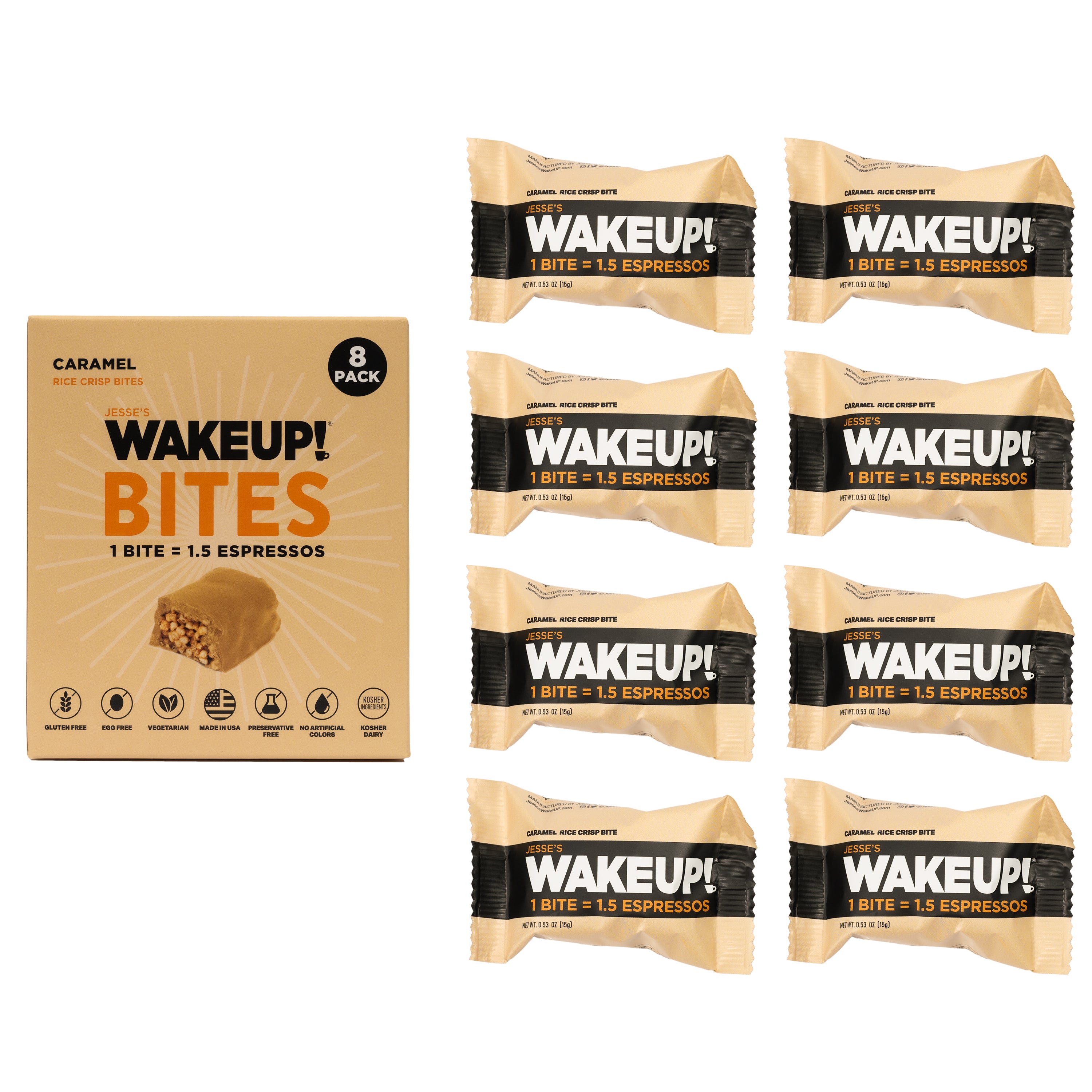 WAKE UP! Caffeinated Protein Bites Value Pack – 6 Cartons (48 Bites) – 3 Caramel & 3 Peanut Butter – 175mg Caffeine (1 Bite = 1.5 Espressos) – Gluten-Free, Vegetarian, Kosher – Boosts Focus & Clarity