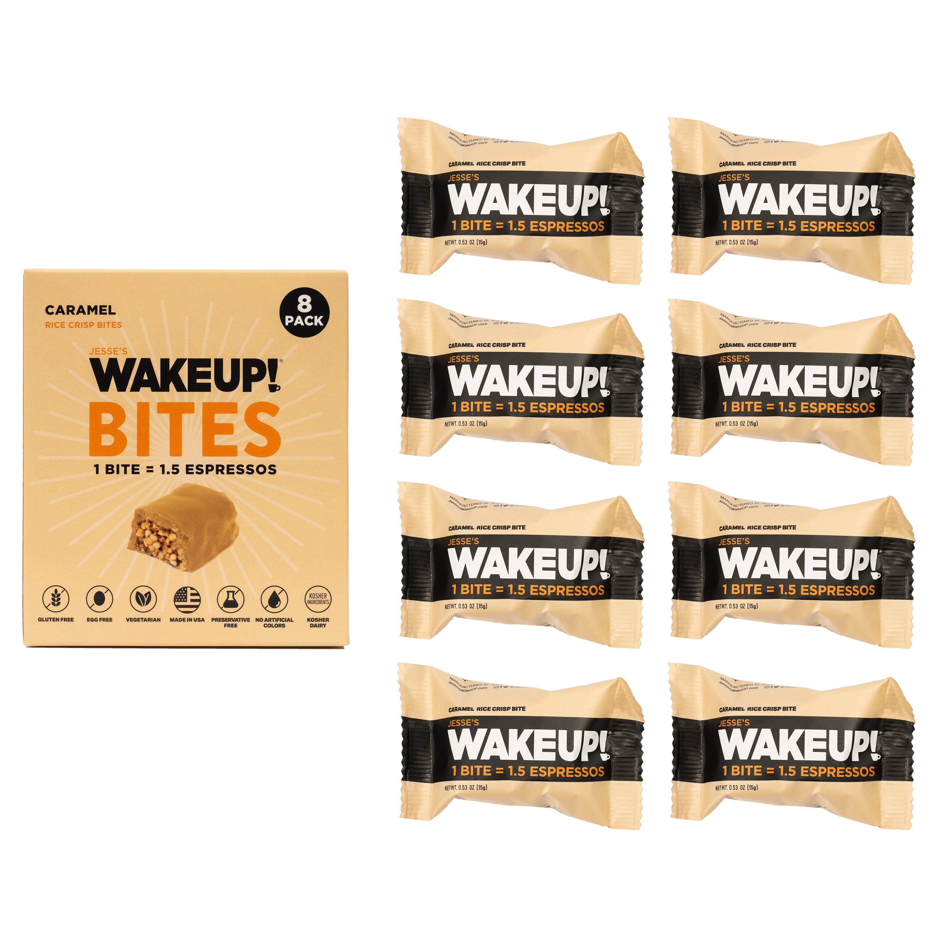 WakeUP! Caffeinated Protein Bites Value Pack – 6 Cartons (48 Bites) – 3 Caramel & 3 Dark Chocolate