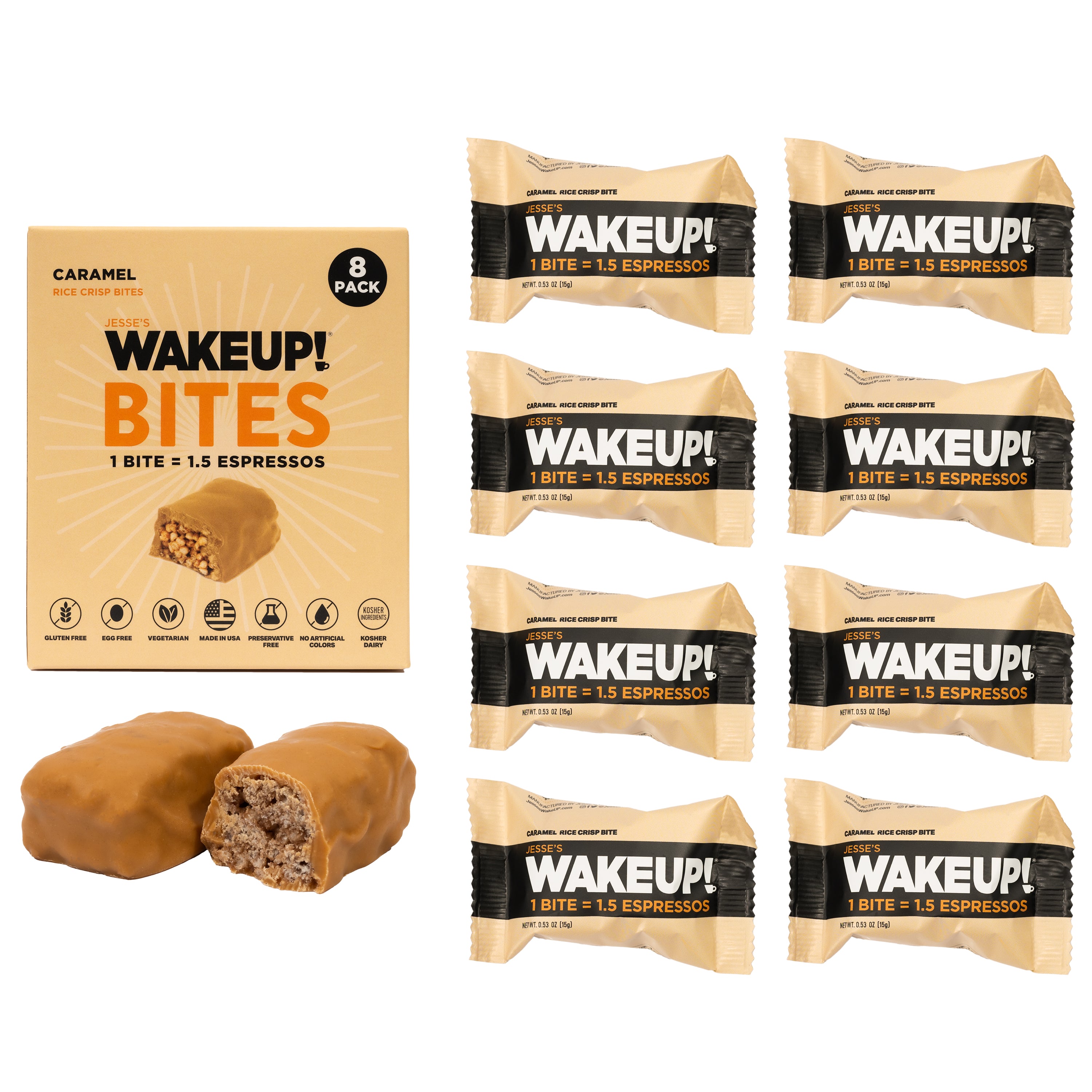 WakeUP! Caffeinated Protein Bites Value Pack – 6 Cartons (48 Bites) – 3 Caramel & 3 Dark Chocolate