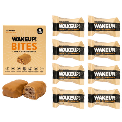 WakeUP! Caffeinated Protein Bites Value Pack – 6 Cartons (48 Bites) – 3 Caramel & 3 Dark Chocolate