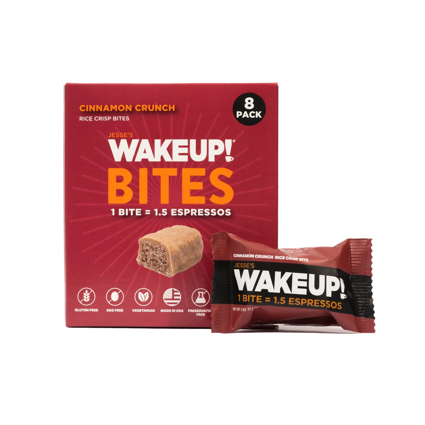 WAKE UP! Caffeinated Cinnamon Crunch Protein Bites - Gluten Free, Vegetarian, 175mg Caffeine (1 Bite = 1.5 Espressos) - Boosts Focus and Clarity - Kosher Ingredients - 8 Pack