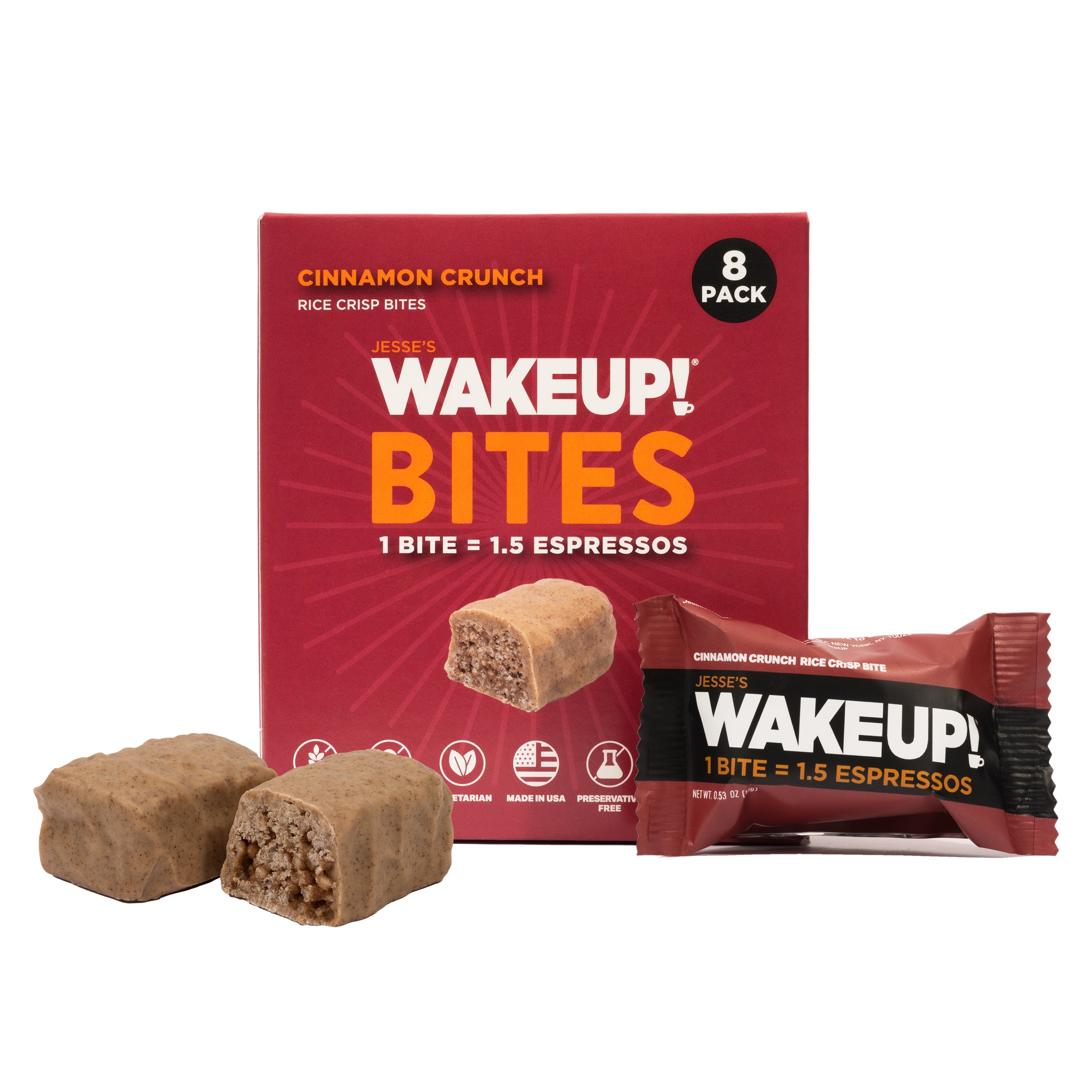 WAKE UP! Caffeinated Cinnamon Crunch Protein Bites - Gluten Free, Vegetarian, 175mg Caffeine (1 Bite = 1.5 Espressos) - Boosts Focus and Clarity - Kosher Ingredients - 8 Pack