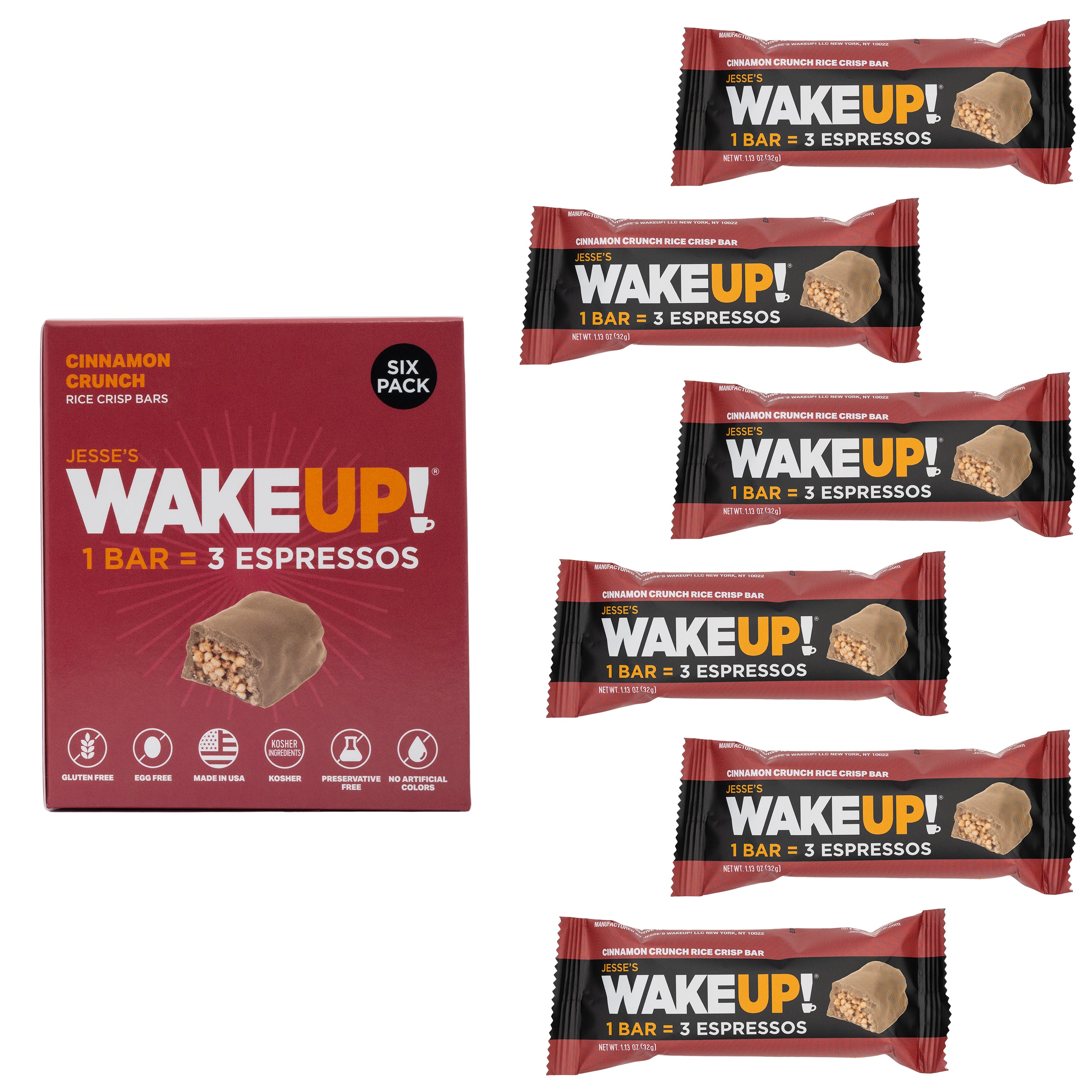 WAKE UP! Caffeinated Cinnamon Crunch Protein Bars - Gluten Free, Vegetarian, 350mg Caffeine (1 Bar = 3 Espressos) - Boosts Focus and Clarity - Kosher Ingredients - 6 Pack