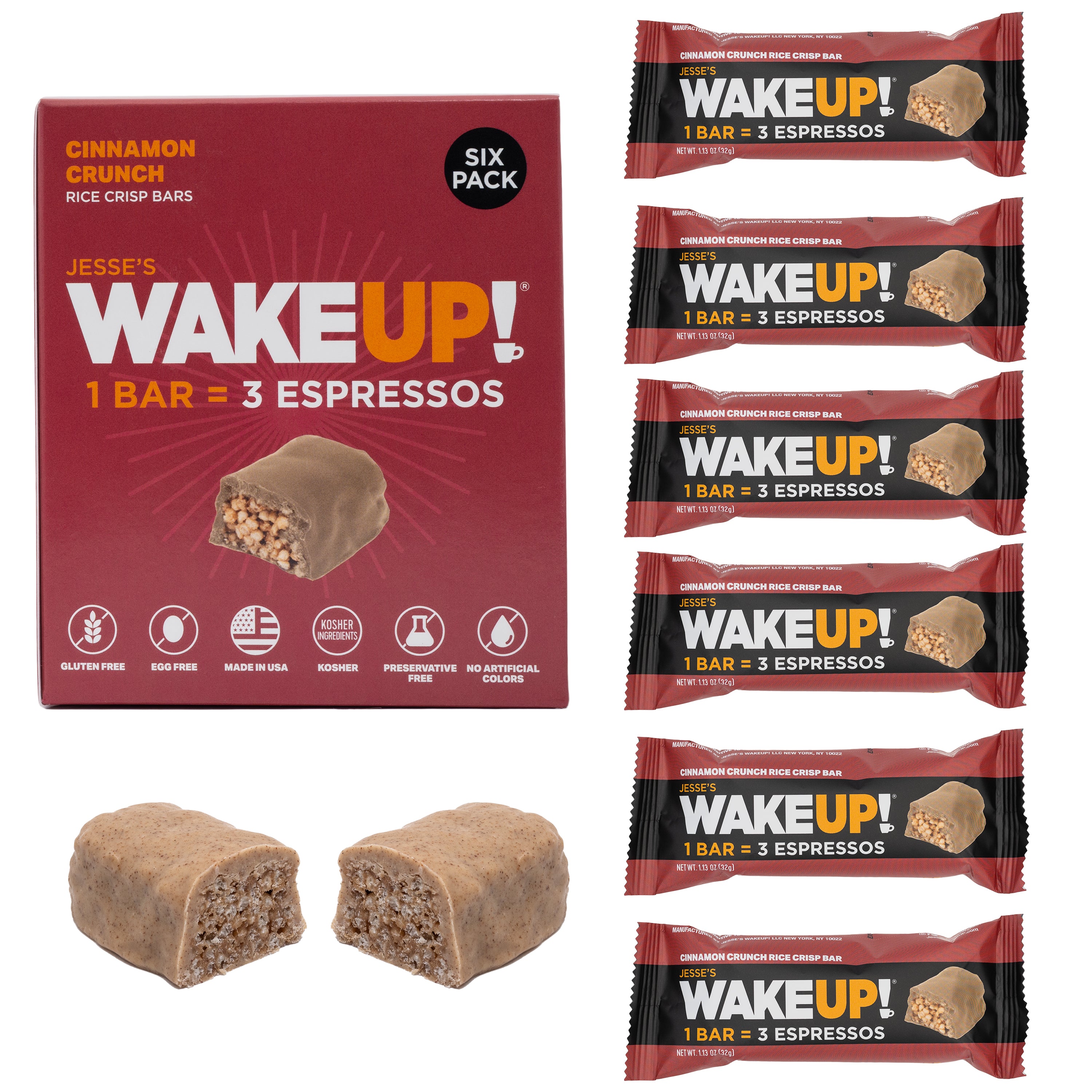 WAKE UP! Caffeinated Cinnamon Crunch Protein Bars - Gluten Free, Vegetarian, 350mg Caffeine (1 Bar = 3 Espressos) - Boosts Focus and Clarity - Kosher Ingredients - 6 Pack