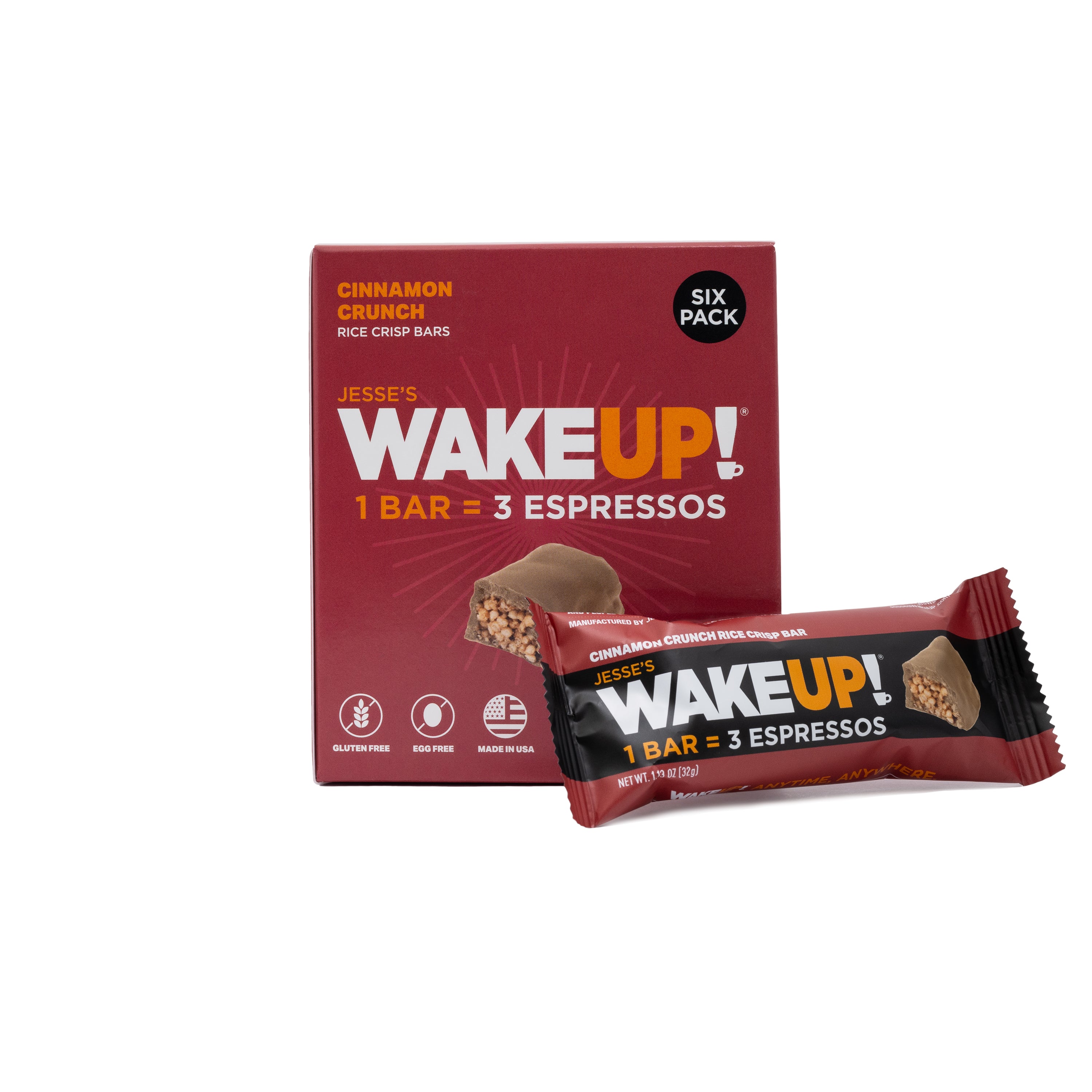 WAKE UP! Caffeinated Cinnamon Crunch Protein Bars - Gluten Free, Vegetarian, 350mg Caffeine (1 Bar = 3 Espressos) - Boosts Focus and Clarity - Kosher Ingredients - 6 Pack