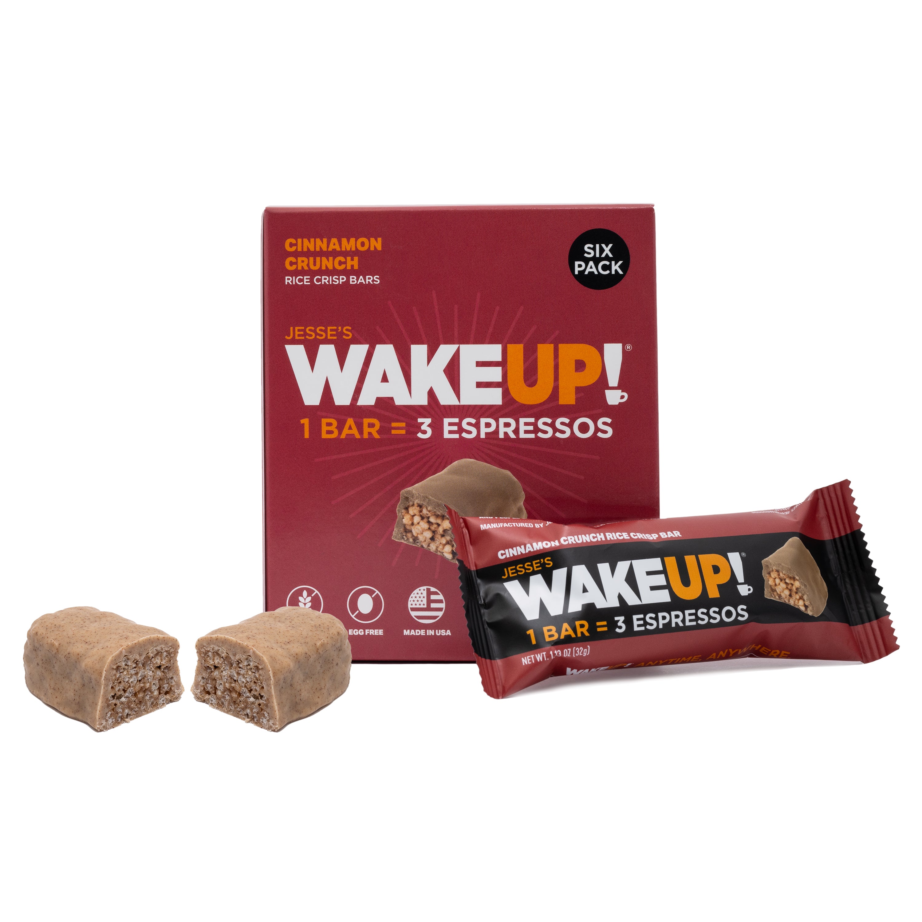 WAKE UP! Caffeinated Cinnamon Crunch Protein Bars - Gluten Free, Vegetarian, 350mg Caffeine (1 Bar = 3 Espressos) - Boosts Focus and Clarity - Kosher Ingredients - 6 Pack