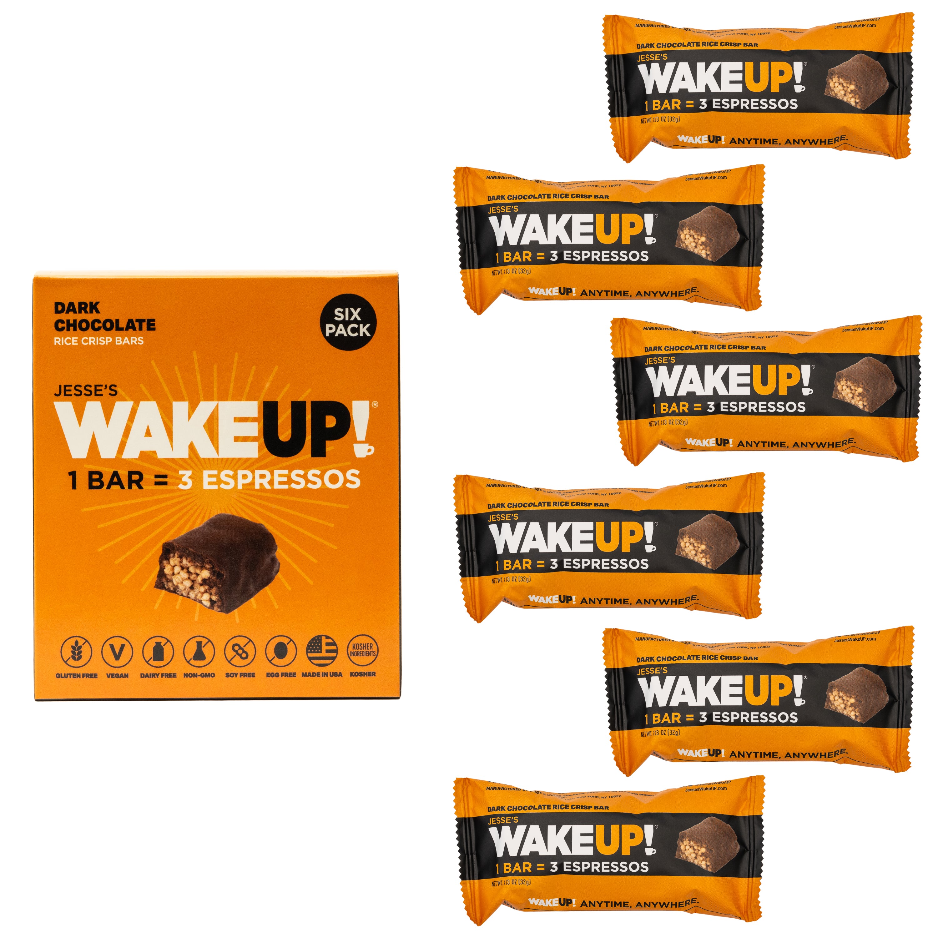 WAKE UP! Caffeinated Chocolate Protein Bars - Gluten Free, Vegan, 350mg Caffeine (1 Bar = 3 Espressos) - Boosts Focus and Clarity - Kosher Ingredients - 6 Pack