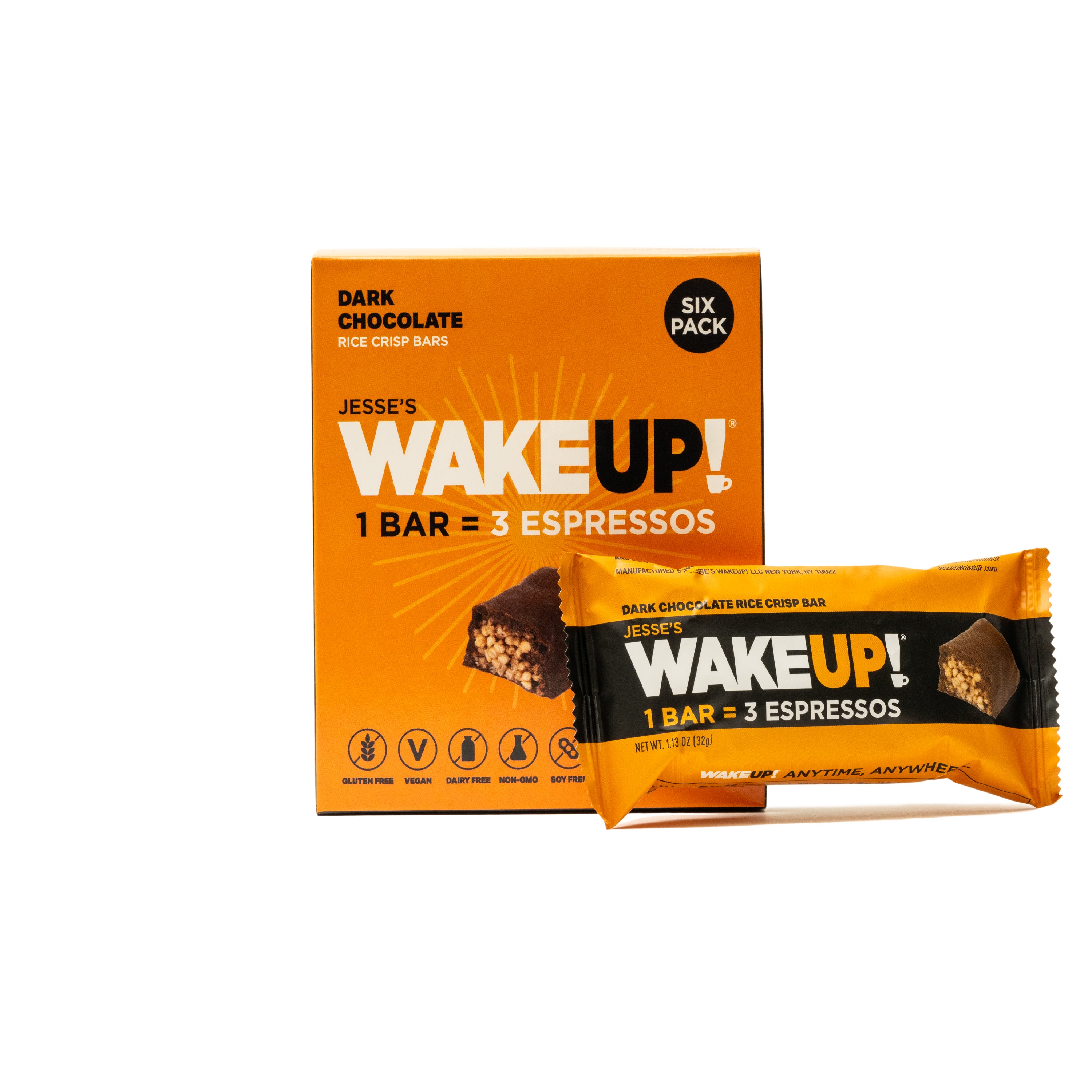 WAKE UP! Caffeinated Chocolate Protein Bars - Gluten Free, Vegan, 350mg Caffeine (1 Bar = 3 Espressos) - Boosts Focus and Clarity - Kosher Ingredients - 6 Pack