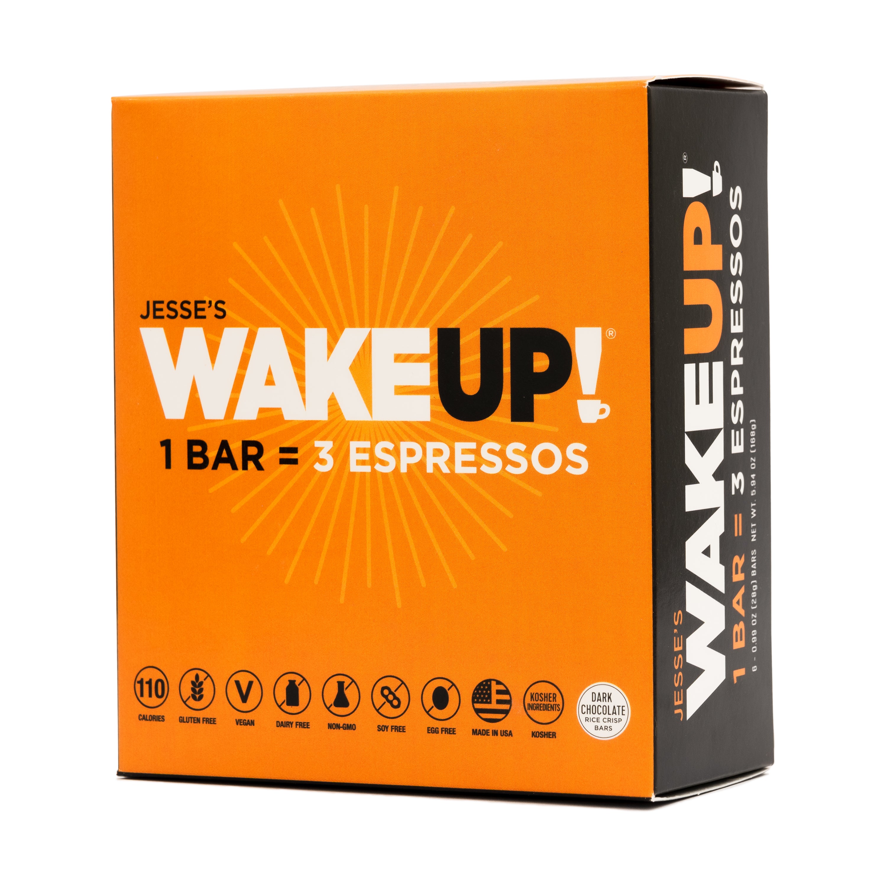 WAKE UP! Caffeinated Chocolate Protein Bars - Gluten Free, Vegan, 350mg Caffeine (1 Bar = 3 Espressos) - Boosts Focus and Clarity - Kosher Ingredients - 6 Pack