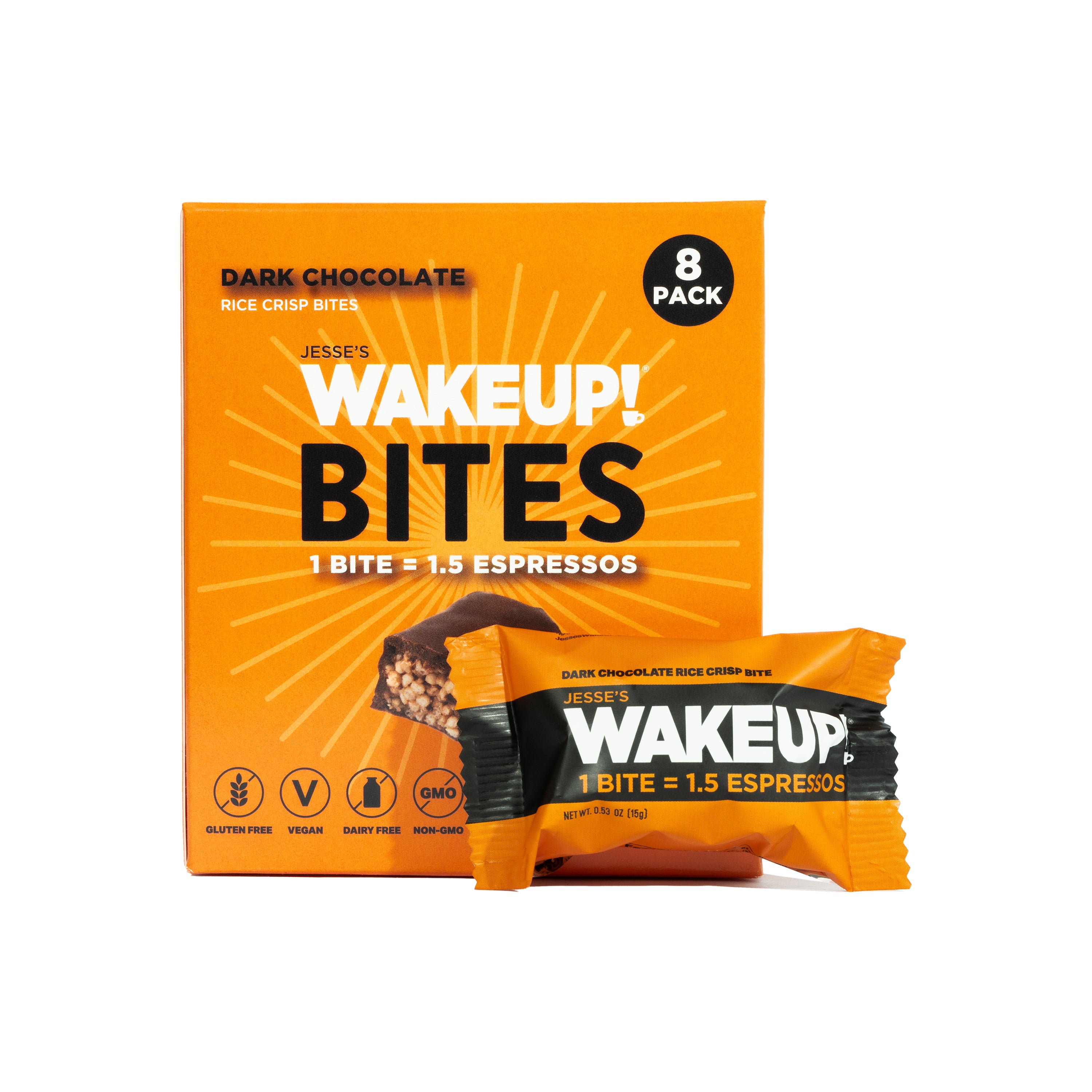 WAKE UP! Caffeinated Chocolate Protein Bites - Gluten Free, Vegan, 175mg Caffeine (1 Bite = 1.5 Espressos) - Boosts Focus and Clarity - Kosher Ingredients - 8 Pack