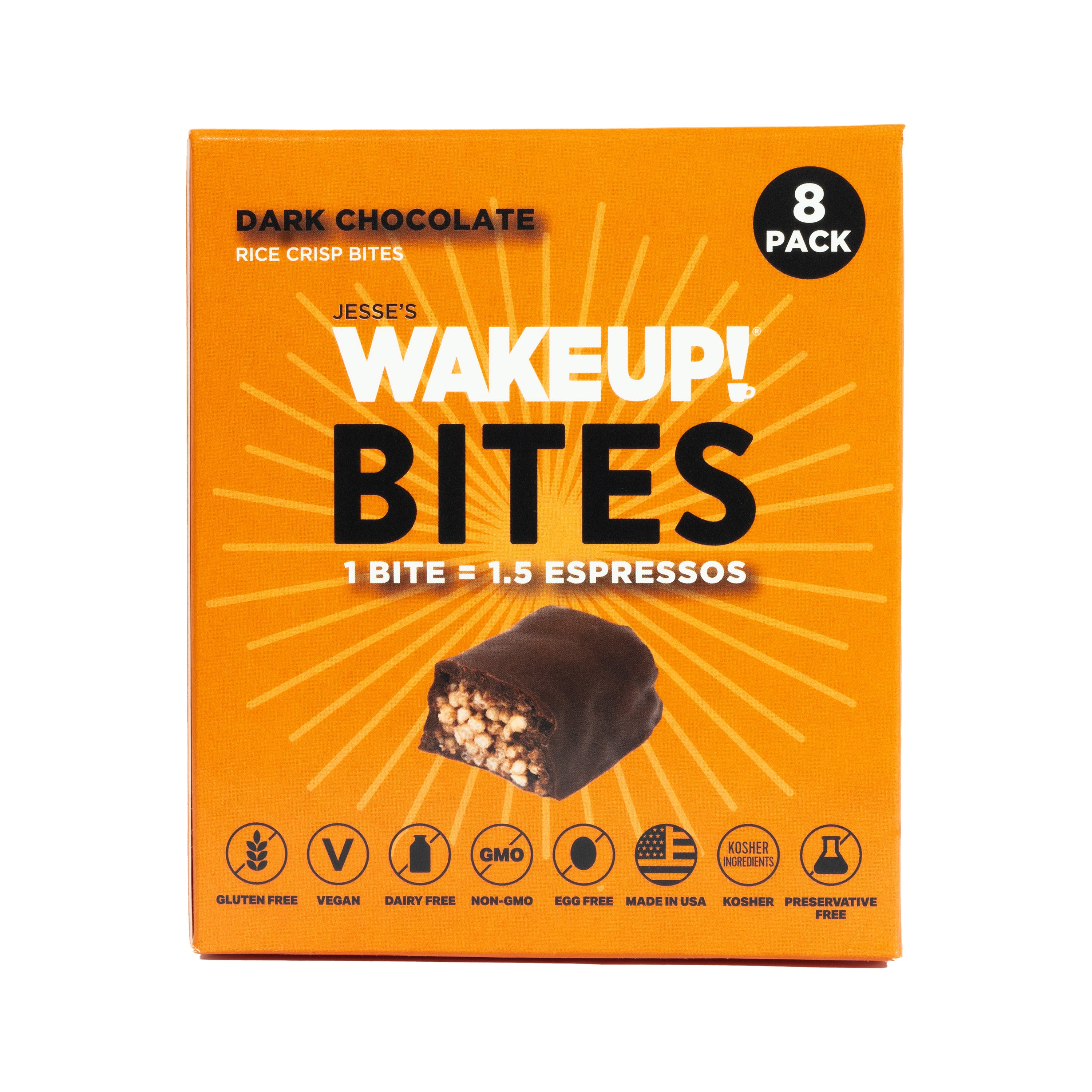 WAKE UP! Caffeinated Chocolate Protein Bites - Gluten Free, Vegan, 175mg Caffeine (1 Bite = 1.5 Espressos) - Boosts Focus and Clarity - Kosher Ingredients - 8 Pack