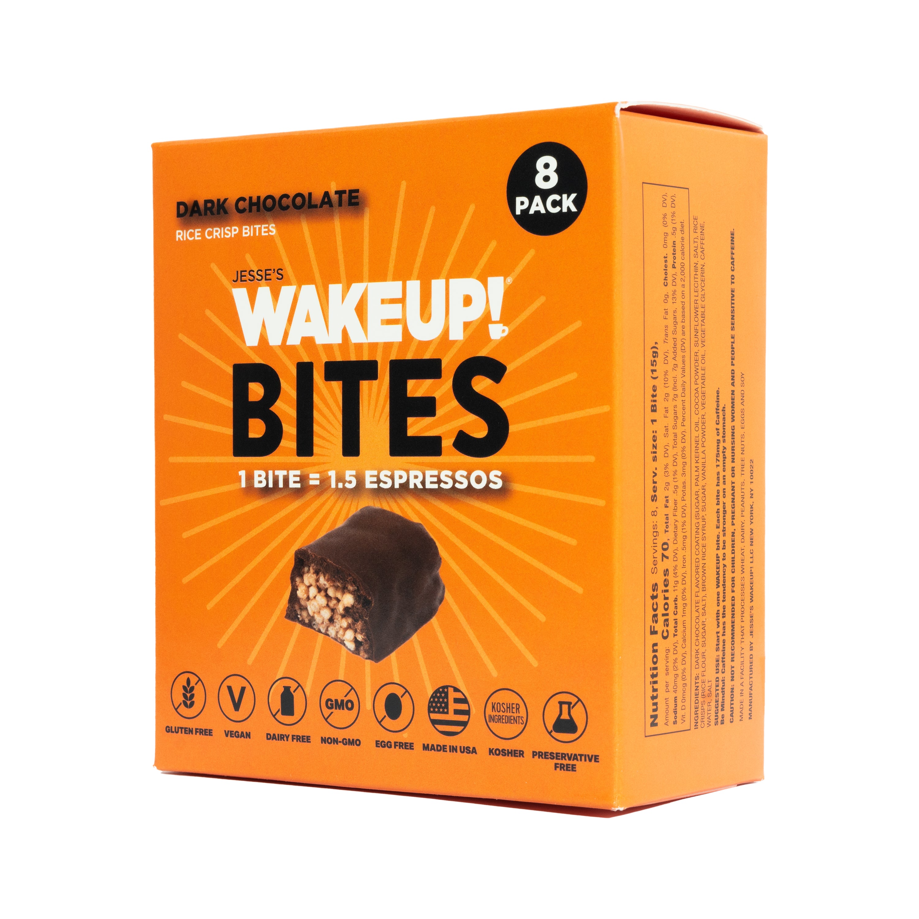 WAKE UP! Caffeinated Chocolate Protein Bites - Gluten Free, Vegan, 175mg Caffeine (1 Bite = 1.5 Espressos) - Boosts Focus and Clarity - Kosher Ingredients - 8 Pack