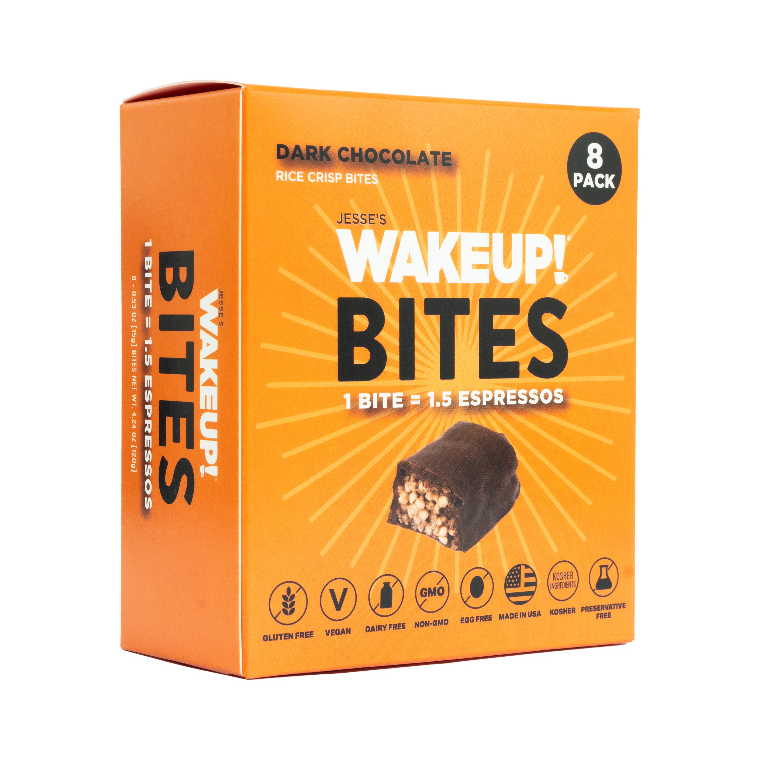 WAKE UP! Caffeinated Chocolate Protein Bites - Gluten Free, Vegan, 175mg Caffeine (1 Bite = 1.5 Espressos) - Boosts Focus and Clarity - Kosher Ingredients - 8 Pack