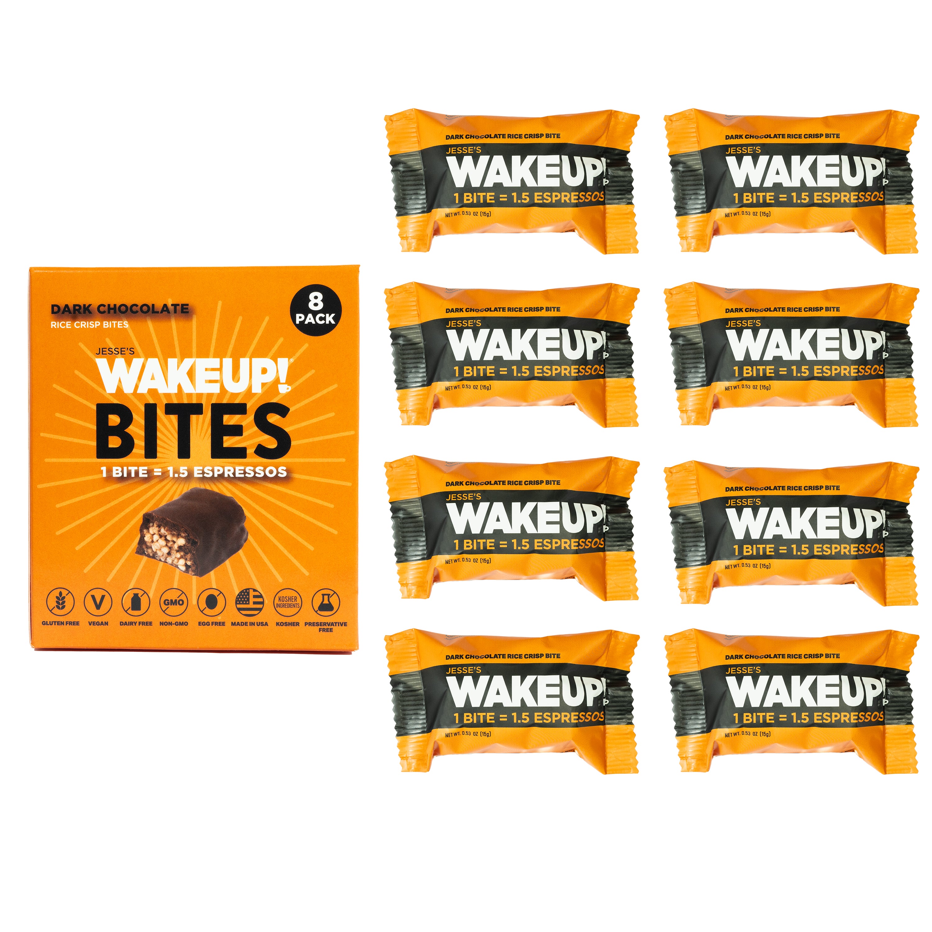 WAKE UP! Caffeinated Chocolate Protein Bites - Gluten Free, Vegan, 175mg Caffeine (1 Bite = 1.5 Espressos) - Boosts Focus and Clarity - Kosher Ingredients - 8 Pack