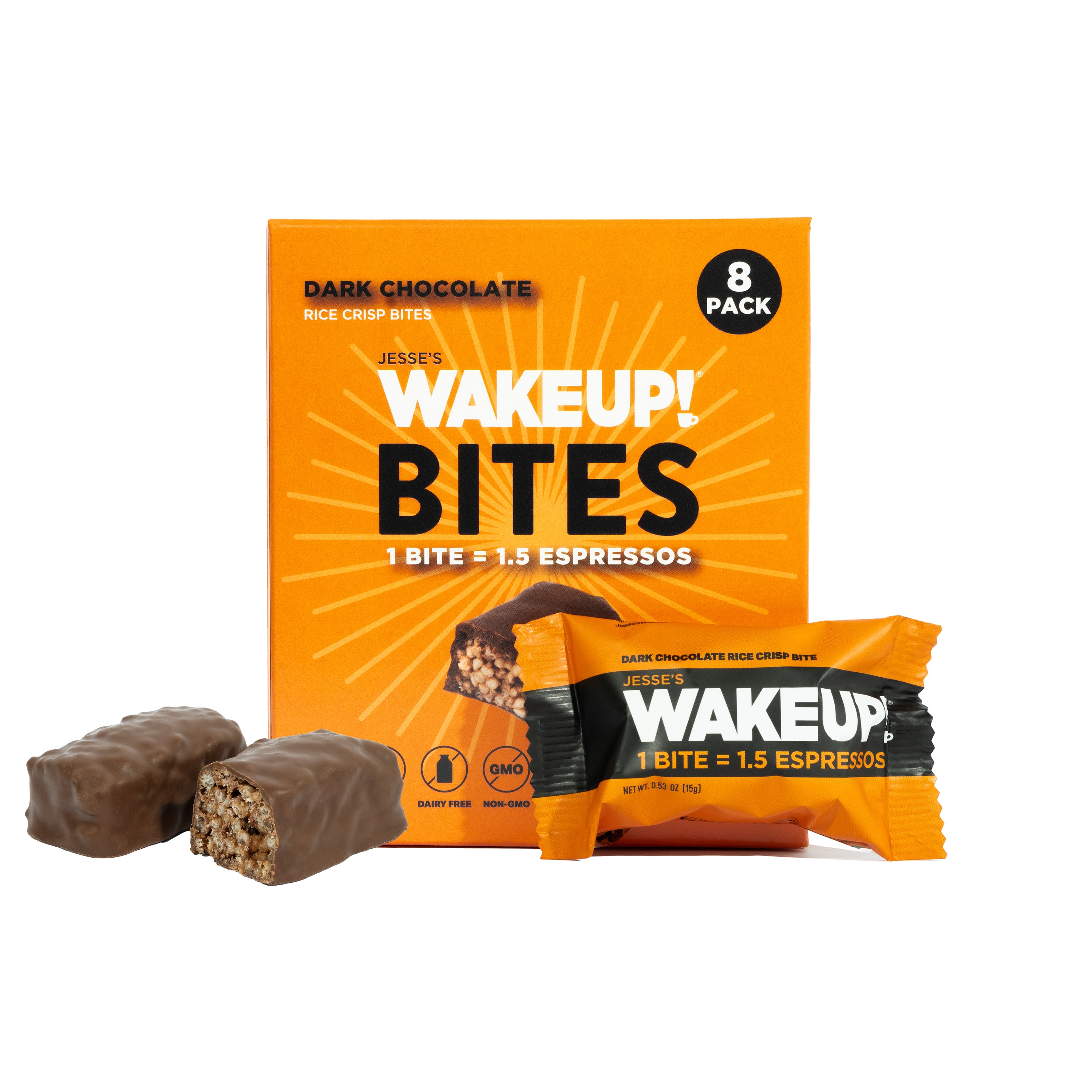 WAKE UP! Caffeinated Chocolate Protein Bites - Gluten Free, Vegan, 175mg Caffeine (1 Bite = 1.5 Espressos) - Boosts Focus and Clarity - Kosher Ingredients - 8 Pack