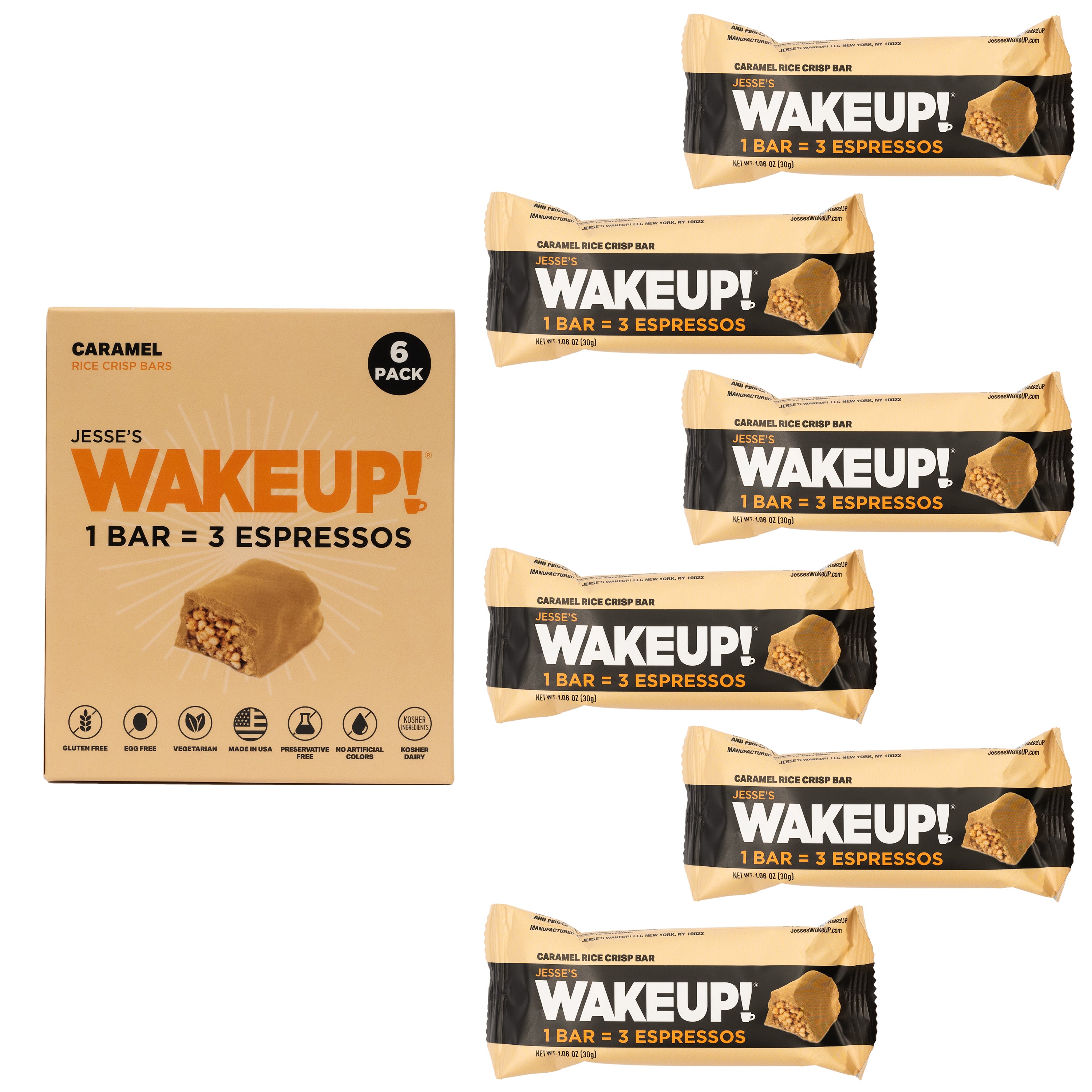 WAKE UP! Caffeinated Protein Bars Value Pack – 6 Cartons (36 Bars) – 3 Caramel & 3 Peanut Butter – 350mg Caffeine (1 Bar = 3 Espressos) – Gluten-Free, Vegetarian, Kosher – Boosts Focus & Clarity