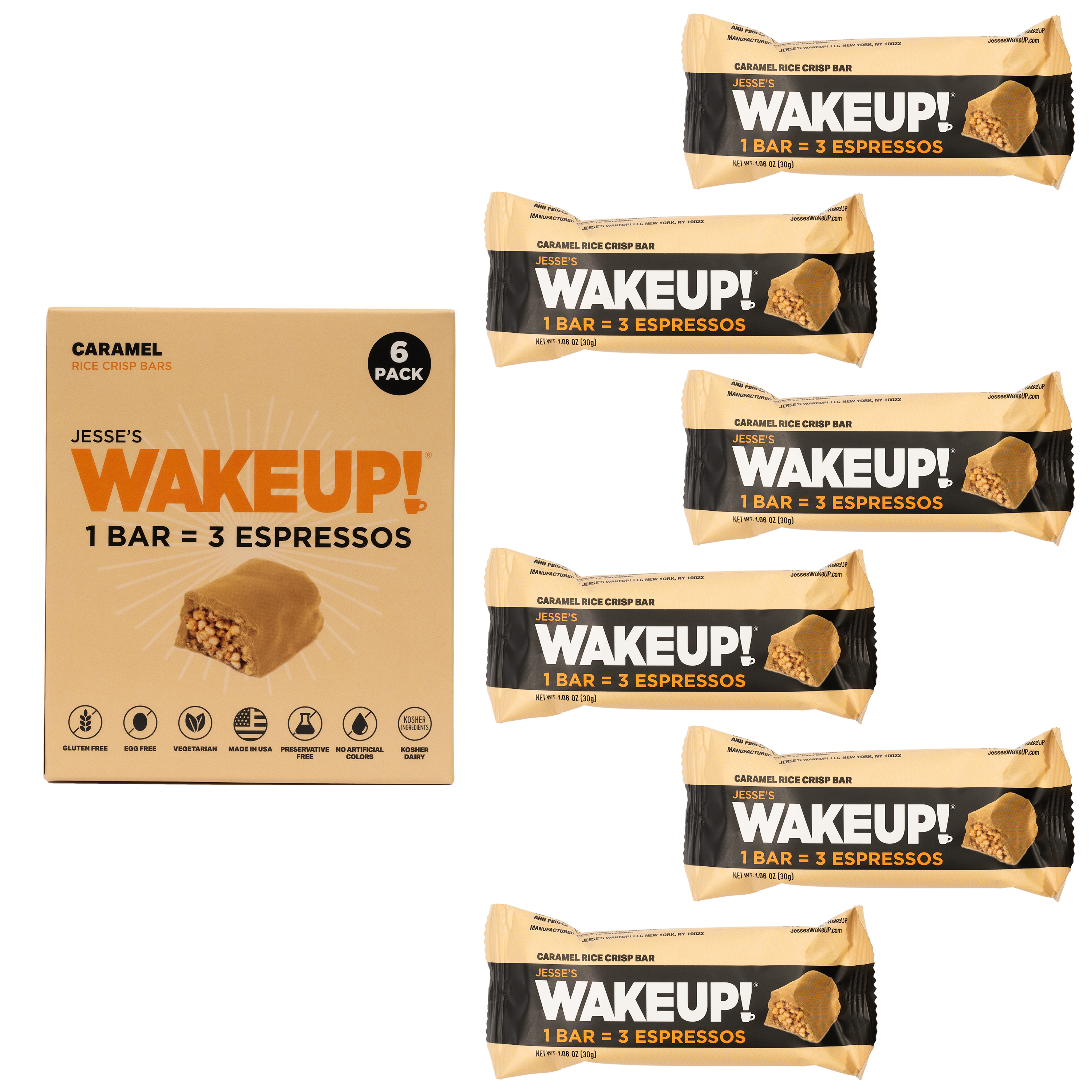 WAKE UP! Caffeinated Protein Bars Value Pack – 6 Cartons (36 Bars) – 3 Caramel & 3 Dark Chocolate – 350mg Caffeine (1 Bar = 3 Espressos) – Gluten-Free, Vegetarian, Kosher – Boosts Focus & Clarity