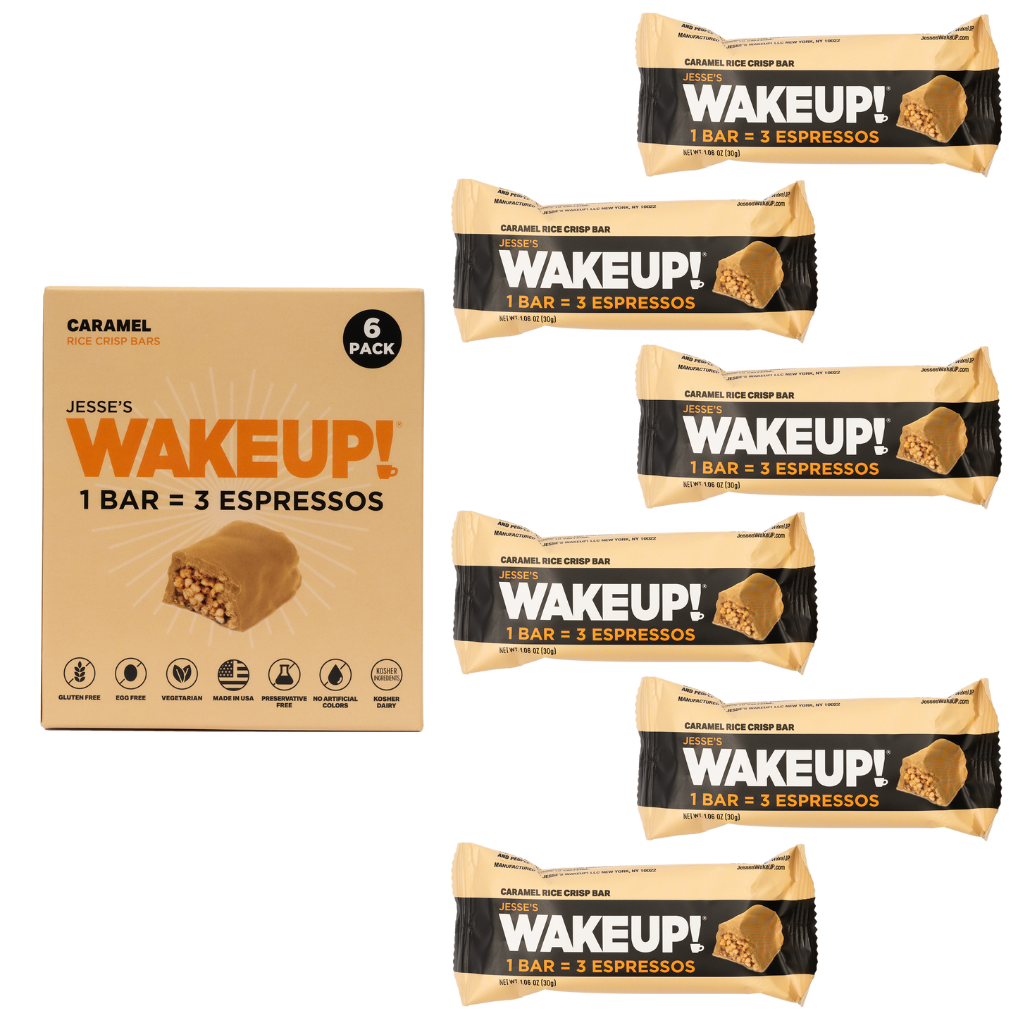 WAKE UP! Caffeinated Protein Bars Value Pack – 6 Cartons (36 Bars) – 3 Caramel & 3 Dark Chocolate – 350mg Caffeine (1 Bar = 3 Espressos) – Gluten-Free, Vegetarian, Kosher – Boosts Focus & Clarity