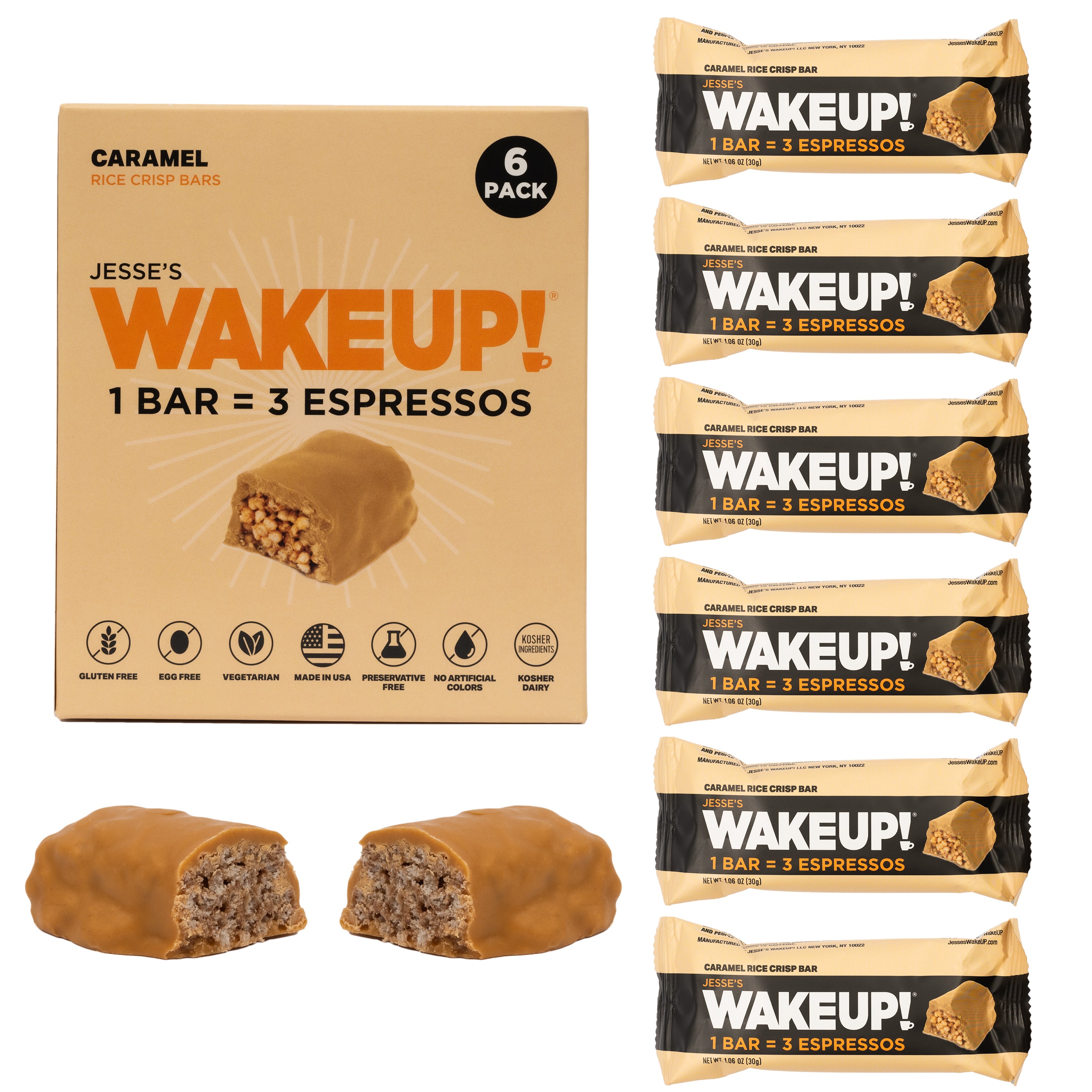 WAKE UP! Caffeinated Protein Bars Value Pack – 6 Cartons (36 Bars) – 3 Caramel & 3 Dark Chocolate – 350mg Caffeine (1 Bar = 3 Espressos) – Gluten-Free, Vegetarian, Kosher – Boosts Focus & Clarity