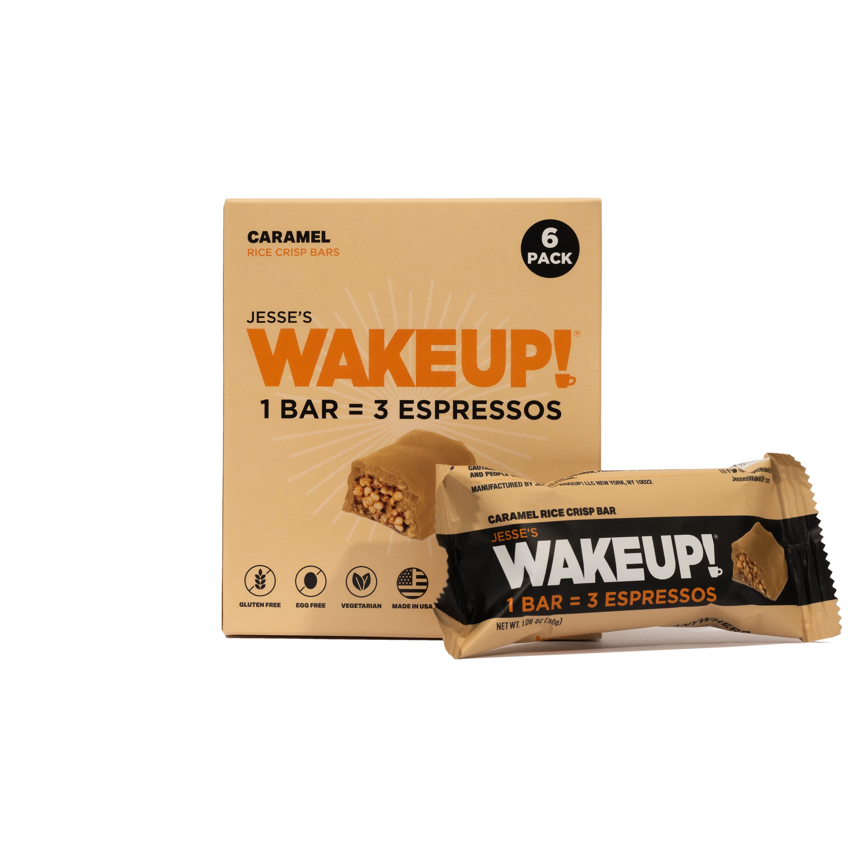 WAKE UP! Caffeinated Protein Bars Value Pack – 6 Cartons (36 Bars) – 3 Caramel & 3 Peanut Butter – 350mg Caffeine (1 Bar = 3 Espressos) – Gluten-Free, Vegetarian, Kosher – Boosts Focus & Clarity