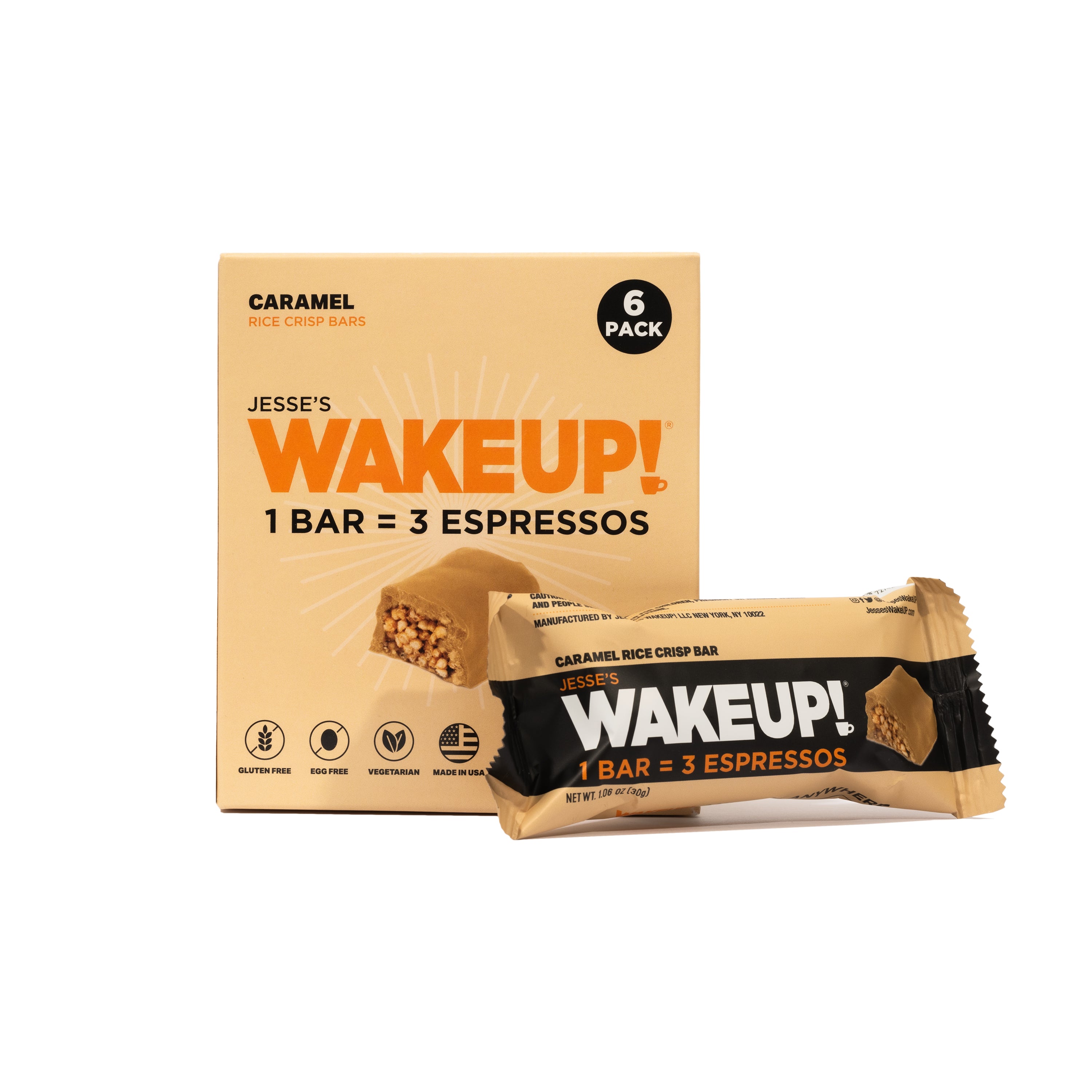 WAKE UP! Caffeinated Caramel Protein Bars - Gluten Free, Vegetarian, 350mg Caffeine (1 Bar = 3 Espressos) - Boosts Focus and Clarity - Kosher Ingredients - 6 Pack