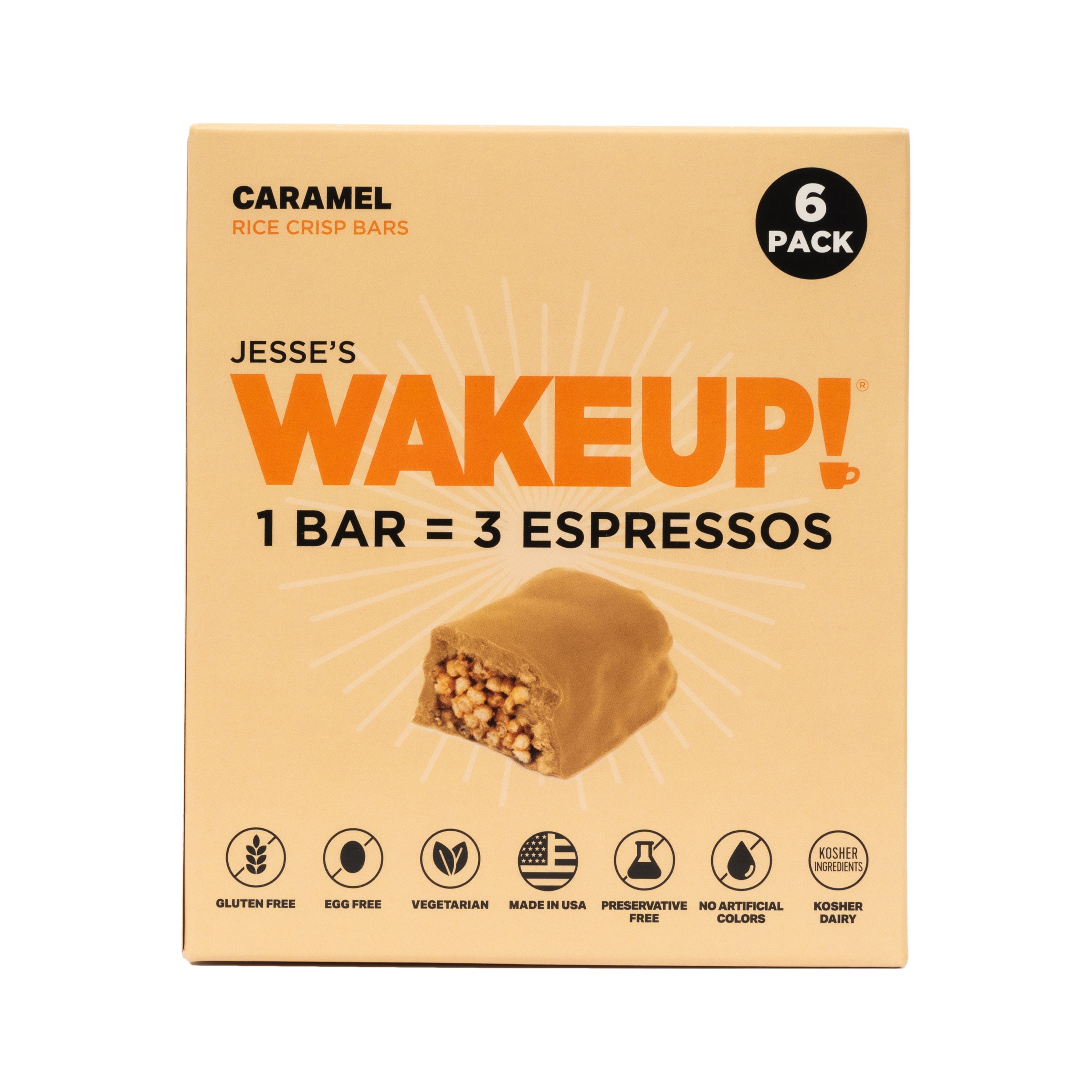 WAKE UP! Caffeinated Caramel Protein Bars - Gluten Free, Vegetarian, 350mg Caffeine (1 Bar = 3 Espressos) - Boosts Focus and Clarity - Kosher Ingredients - 6 Pack