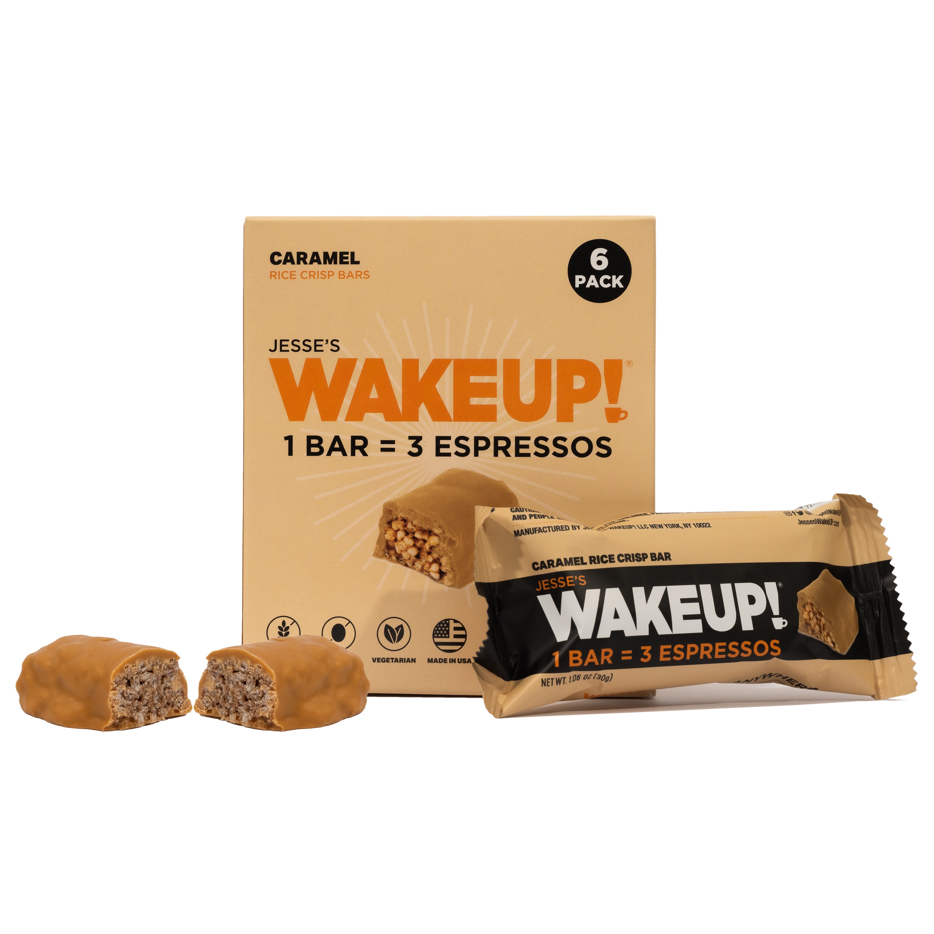 WAKE UP! Caffeinated Protein Bars Value Pack – 6 Cartons (36 Bars) – 3 Caramel & 3 Dark Chocolate – 350mg Caffeine (1 Bar = 3 Espressos) – Gluten-Free, Vegetarian, Kosher – Boosts Focus & Clarity