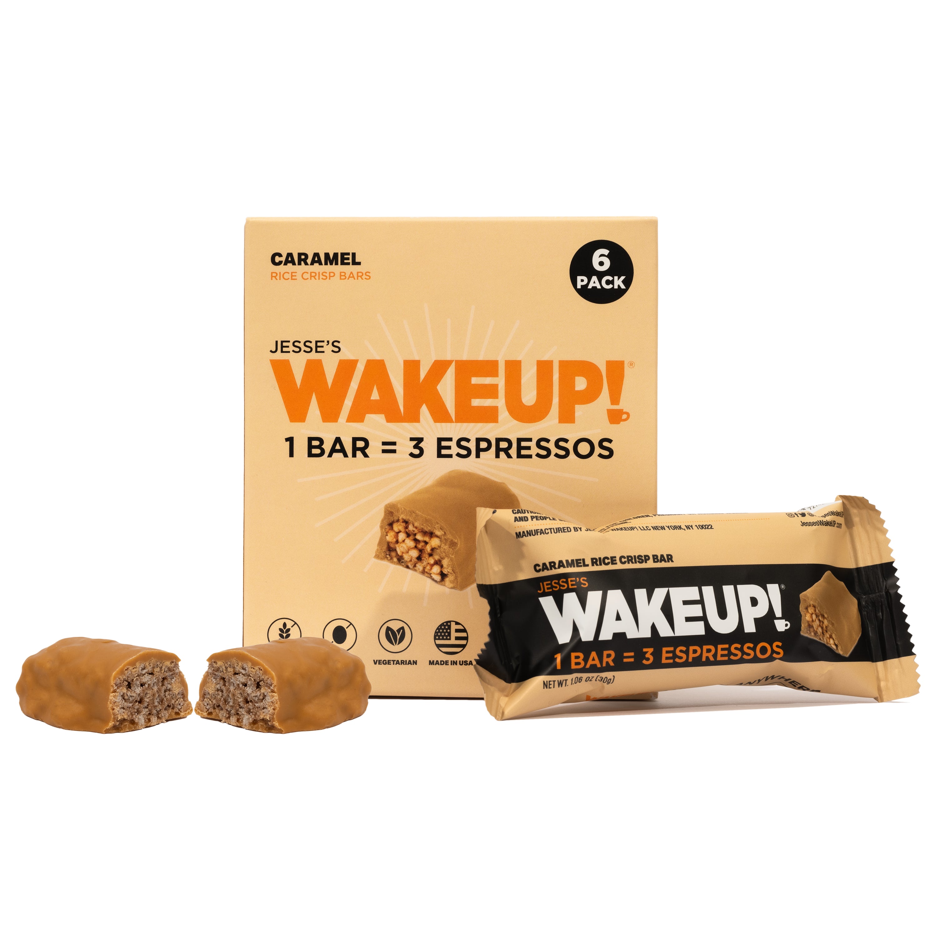 WAKE UP! Caffeinated Protein Bars Value Pack – 6 Cartons (36 Bars) – 3 Caramel & 3 Dark Chocolate – 350mg Caffeine (1 Bar = 3 Espressos) – Gluten-Free, Vegetarian, Kosher – Boosts Focus & Clarity