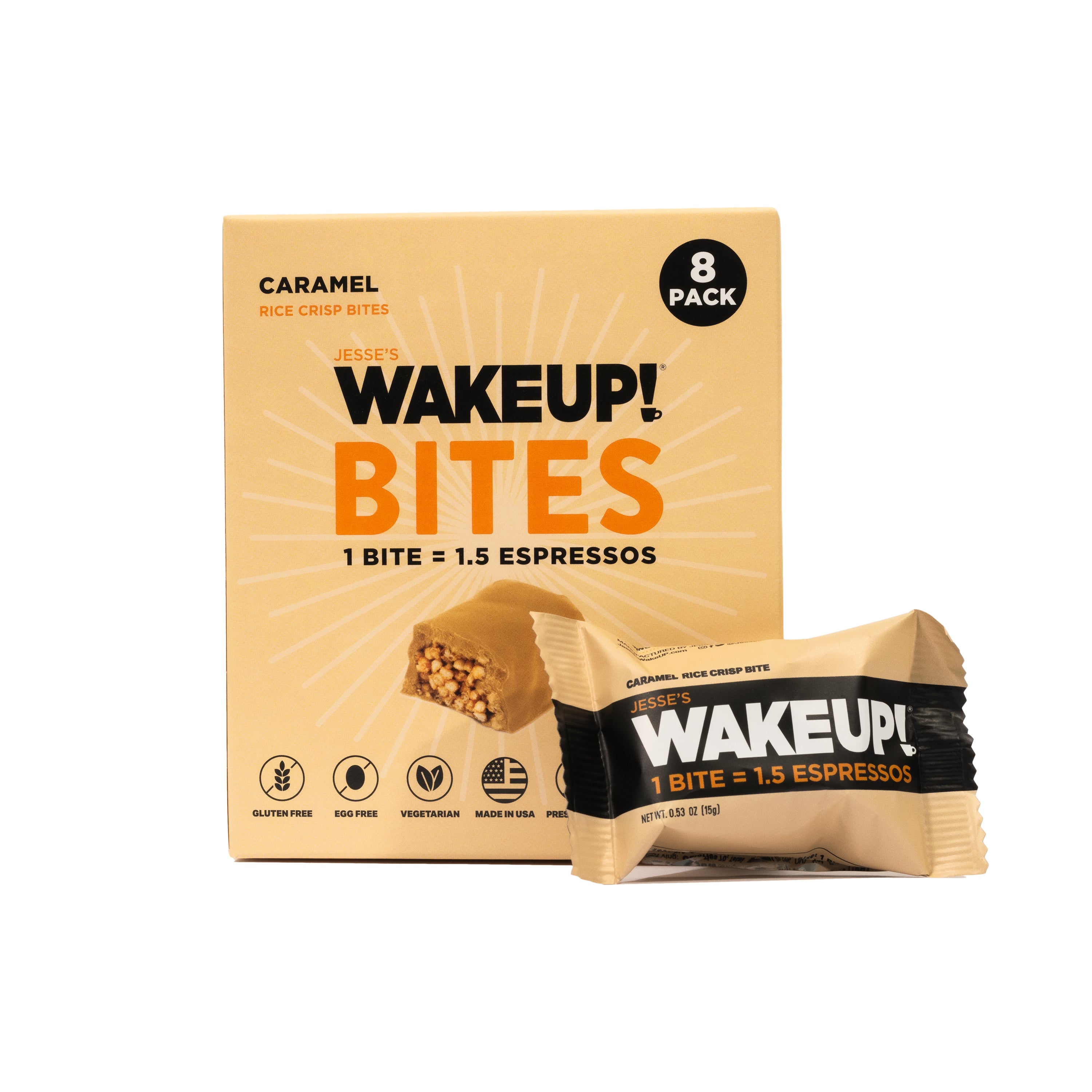 WAKE UP! Caffeinated Caramel Protein Bites - Gluten Free, Vegetarian, 175mg Caffeine (1 Bite = 1.5 Espressos) - Boosts Focus and Clarity - Kosher Ingredients - 8 Pack