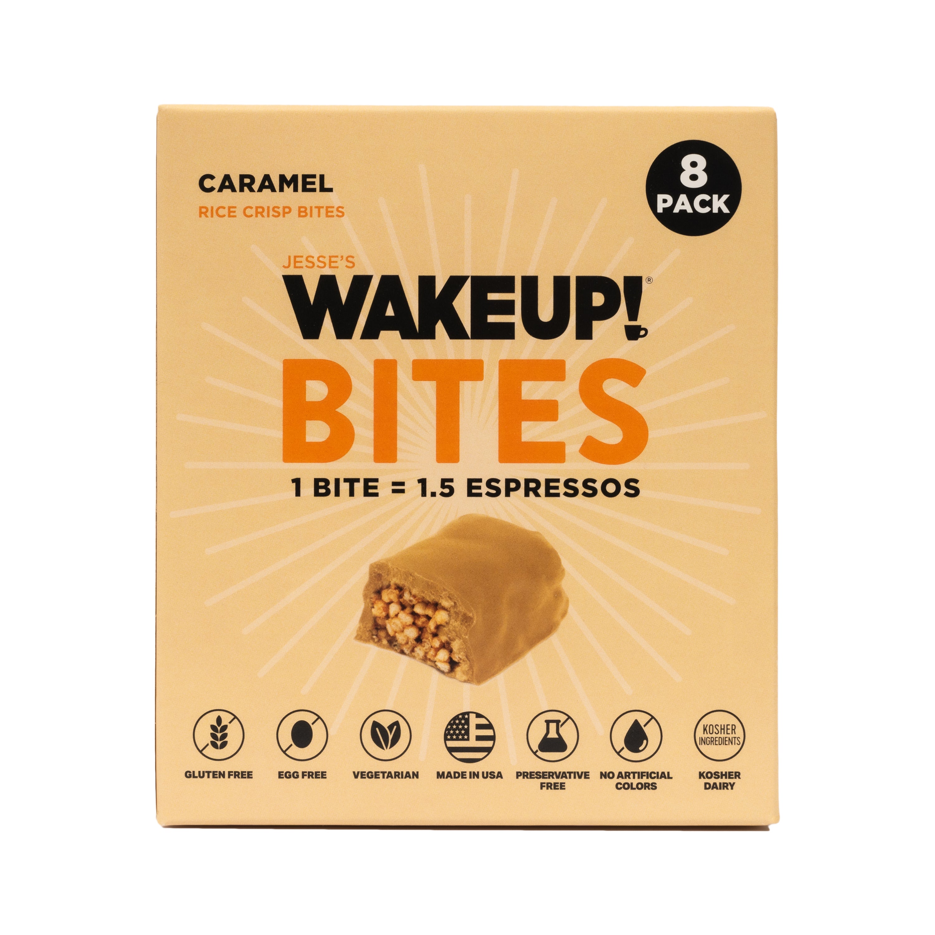 WAKE UP! Caffeinated Caramel Protein Bites - Gluten Free, Vegetarian, 175mg Caffeine (1 Bite = 1.5 Espressos) - Boosts Focus and Clarity - Kosher Ingredients - 8 Pack