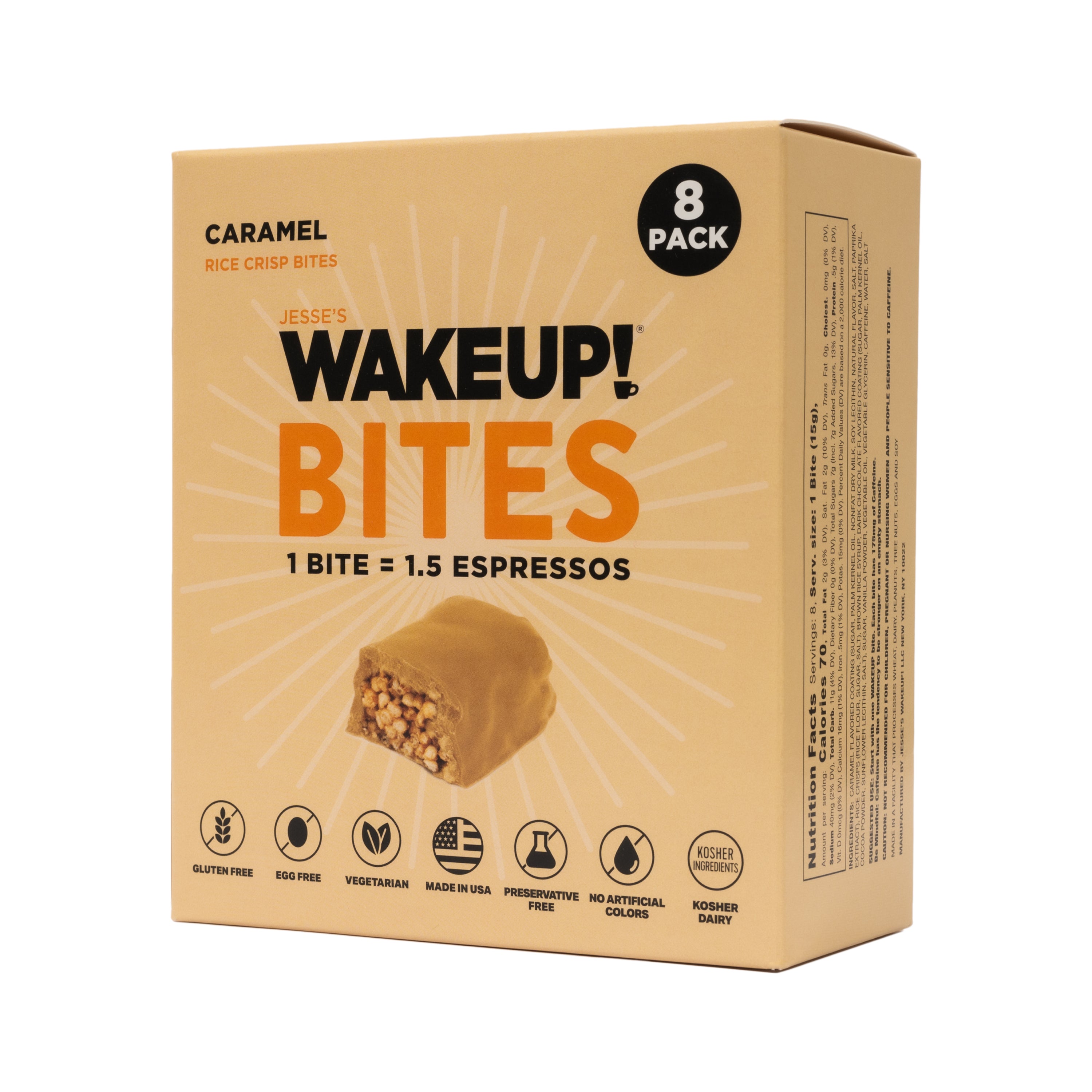 WAKE UP! Caffeinated Caramel Protein Bites - Gluten Free, Vegetarian, 175mg Caffeine (1 Bite = 1.5 Espressos) - Boosts Focus and Clarity - Kosher Ingredients - 8 Pack