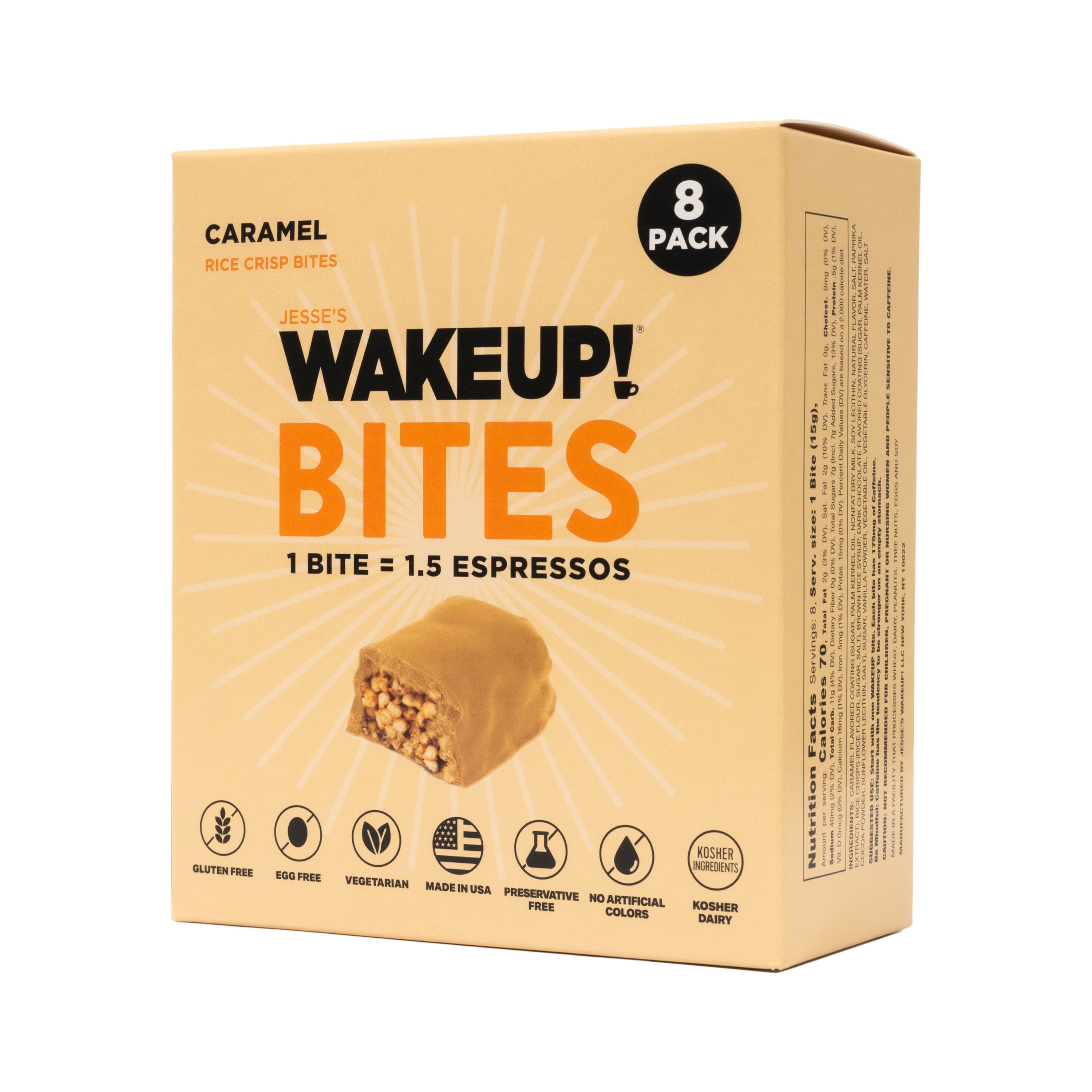 WAKE UP! Caffeinated Caramel Protein Bites - Gluten Free, Vegetarian, 175mg Caffeine (1 Bite = 1.5 Espressos) - Boosts Focus and Clarity - Kosher Ingredients - 8 Pack