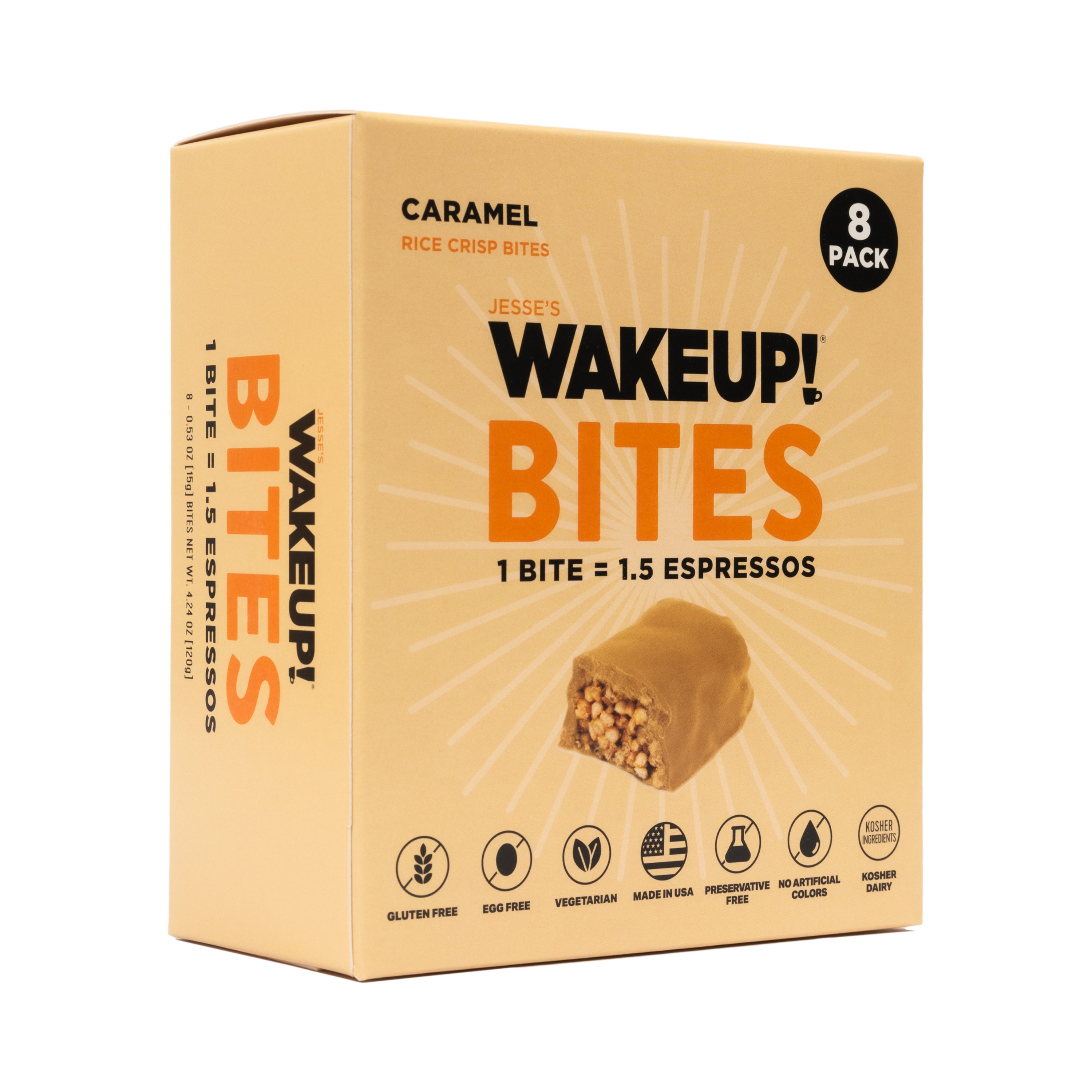 WAKE UP! Caffeinated Caramel Protein Bites - Gluten Free, Vegetarian, 175mg Caffeine (1 Bite = 1.5 Espressos) - Boosts Focus and Clarity - Kosher Ingredients - 8 Pack