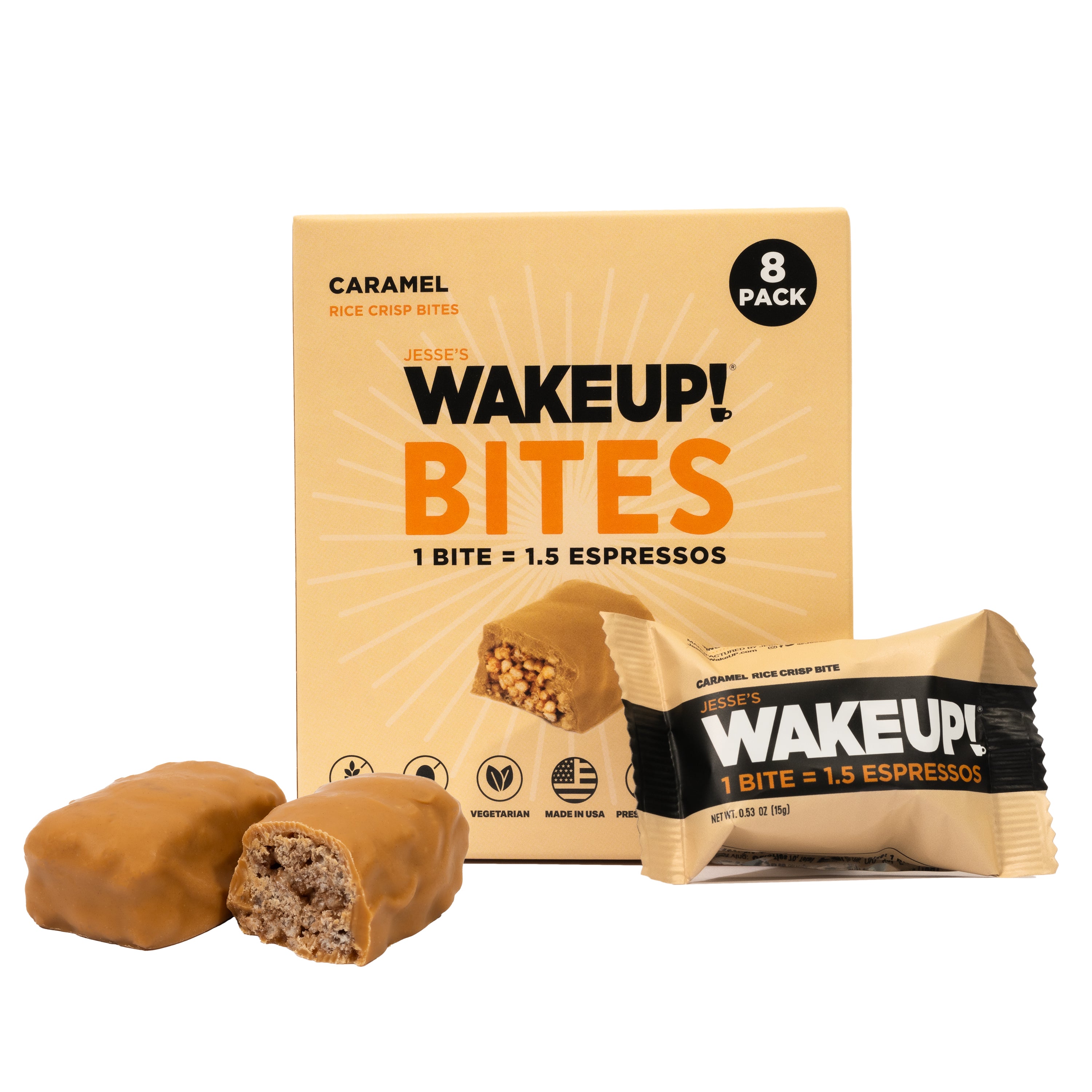 WAKE UP! Caffeinated Caramel Protein Bites - Gluten Free, Vegetarian, 175mg Caffeine (1 Bite = 1.5 Espressos) - Boosts Focus and Clarity - Kosher Ingredients - 8 Pack