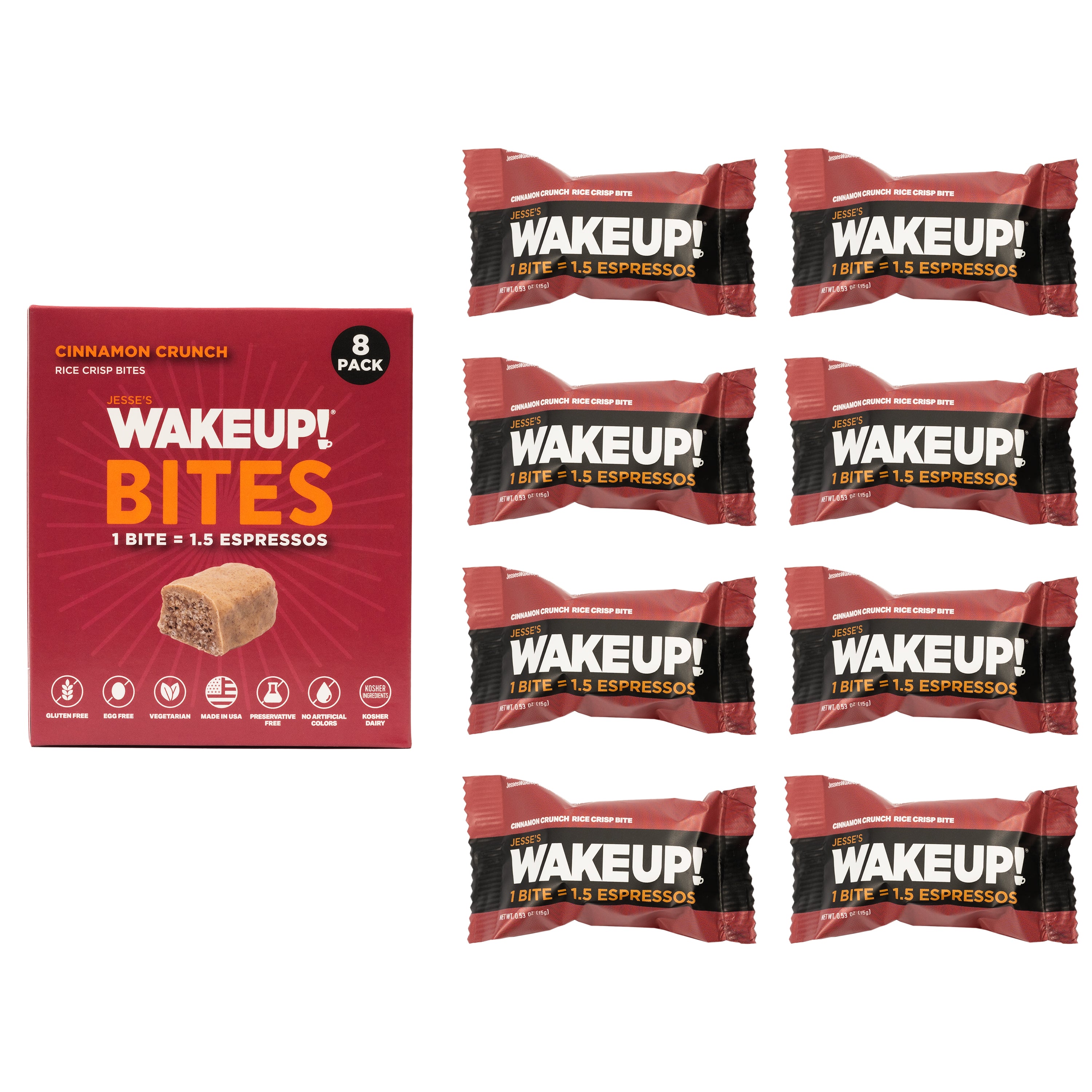 WAKE UP! Caffeinated Cinnamon Crunch Protein Bites - Gluten Free, Vegetarian, 175mg Caffeine (1 Bite = 1.5 Espressos) - Boosts Focus and Clarity - Kosher Ingredients - 8 Pack